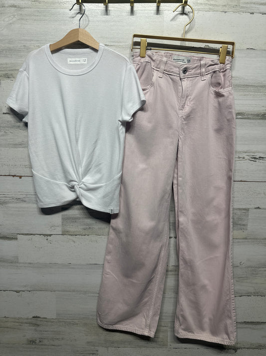 Size 9-10 Long Abercrombie Adjustable Waist High Rise Ultra Wide Leg Jeans and White Shirt - Good Used Condition