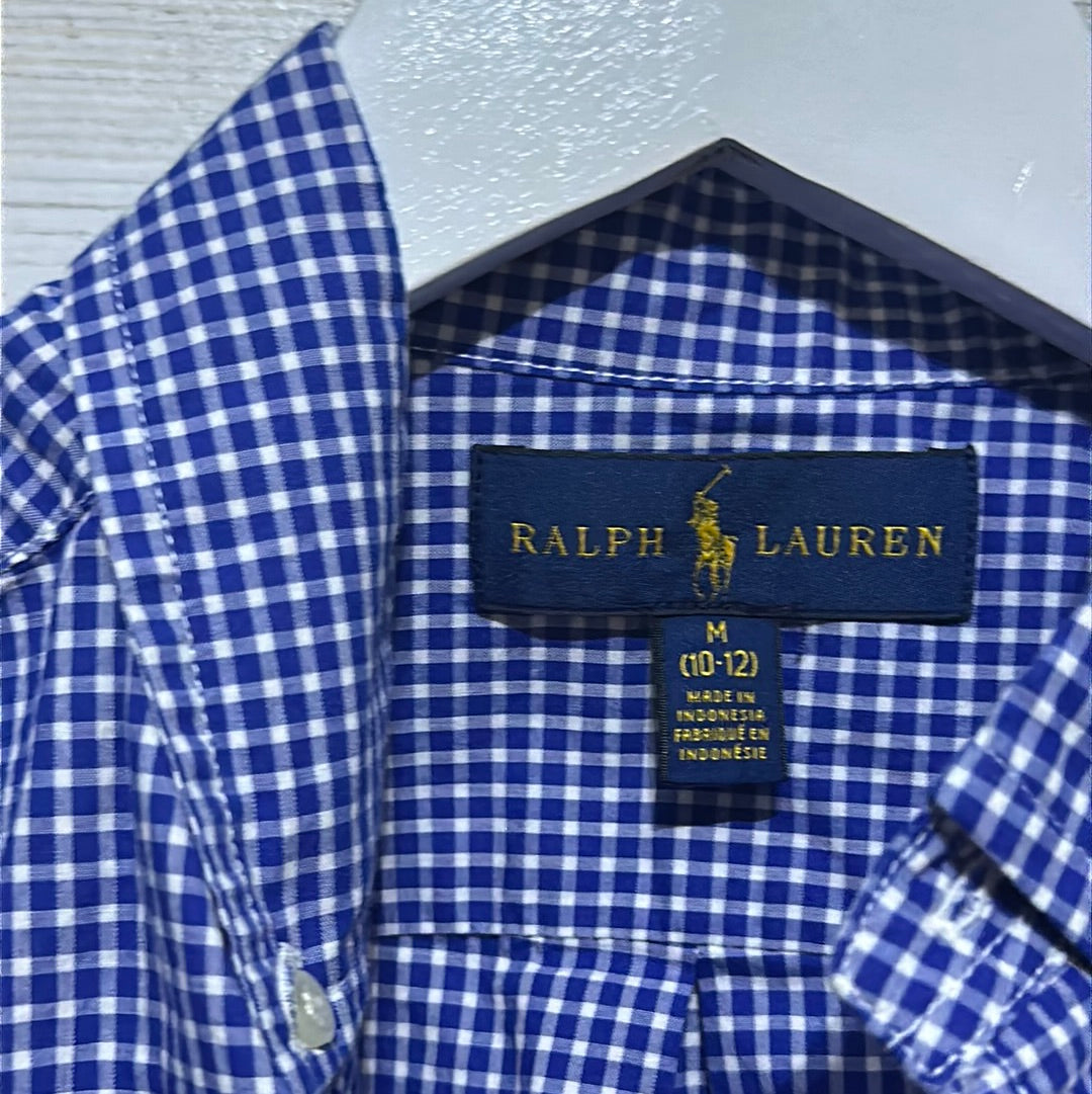 Boys Size 10-12 Ralph Lauren Blue and White Plaid Button Up Shirt - Good Used Condition
