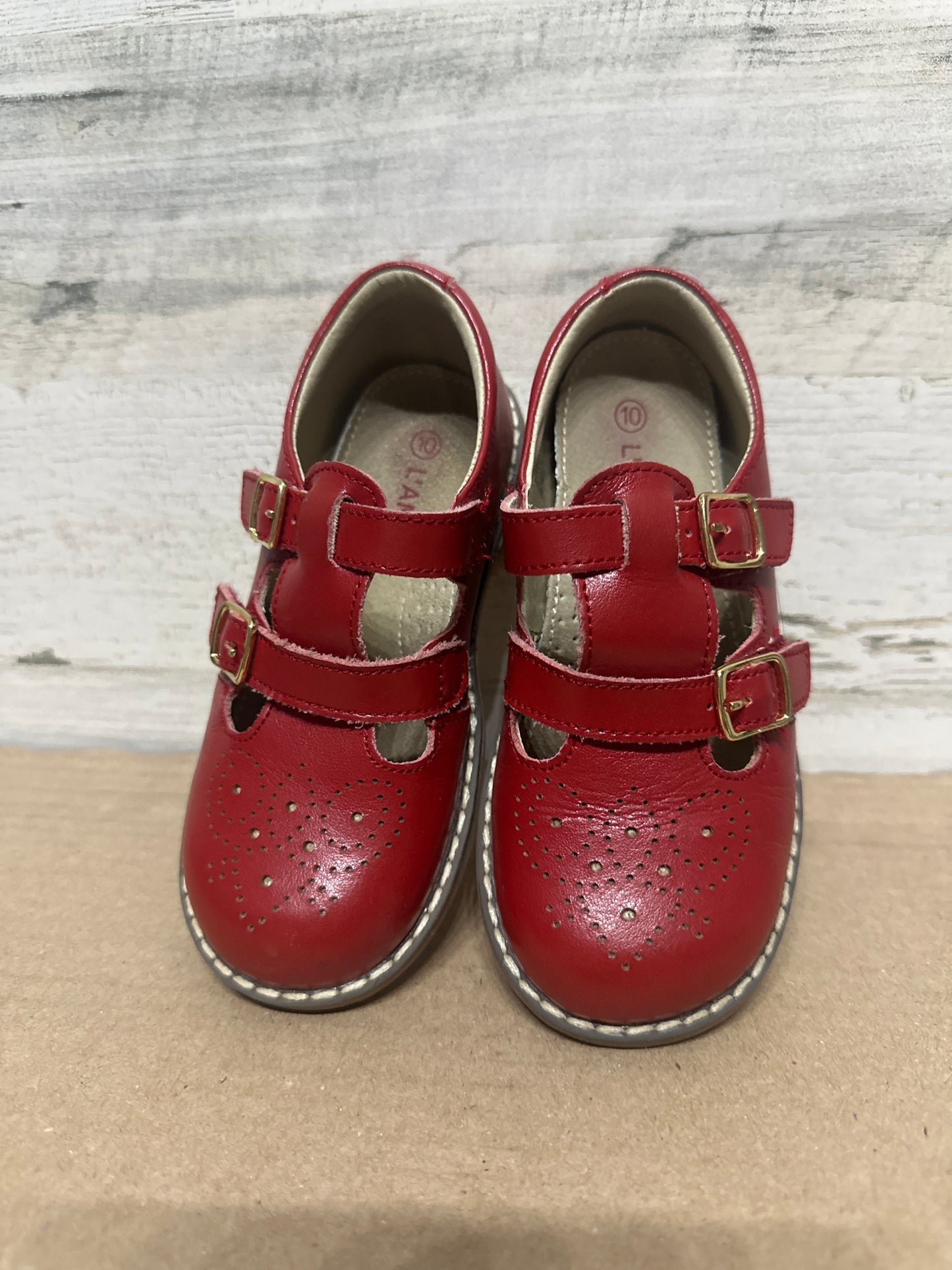 Size 10 Toddler L'Amour Girls Double T-Strap Buckled Leather Medallion Mary Jane - Very Good Used Condition