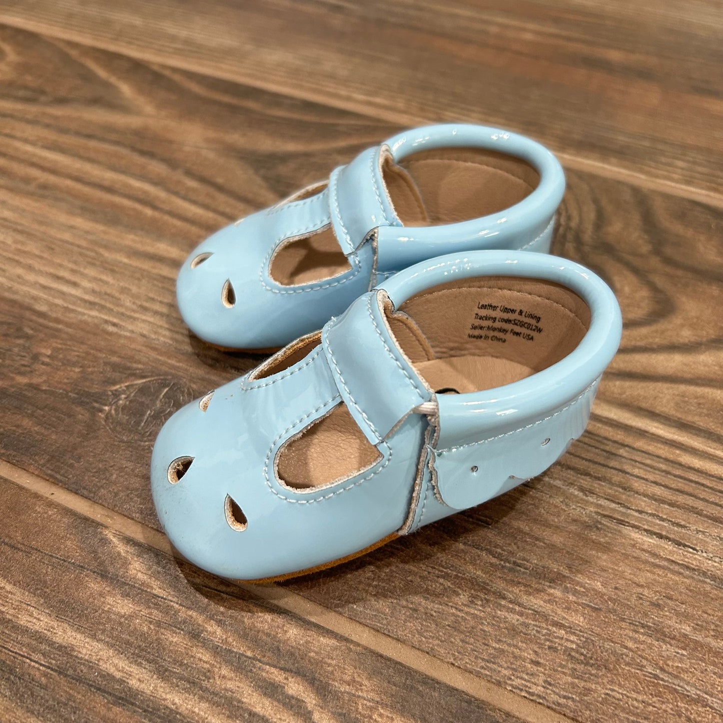 Size 6-12m Monkey Feet Light Blue Patent Shoes - Very Good Used Condition
