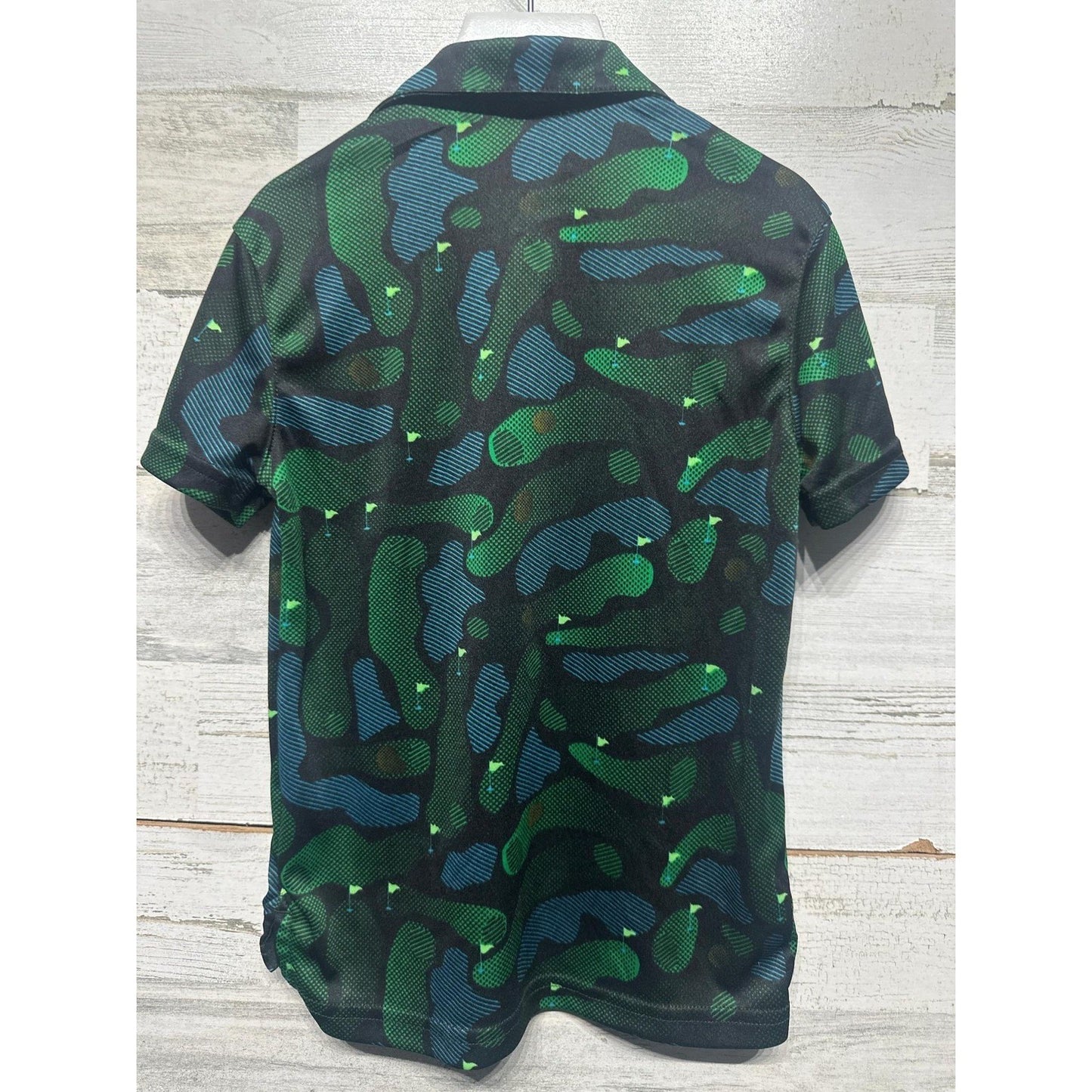 All in Motion Polo Shirt Boys XS 4/5 Green Blue Golf Course Print EUC2