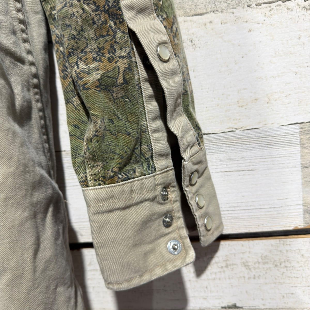 Rasco Cajun Camo Western Work Shirt Men Small Tan Green Pearl Snap Flawed*8