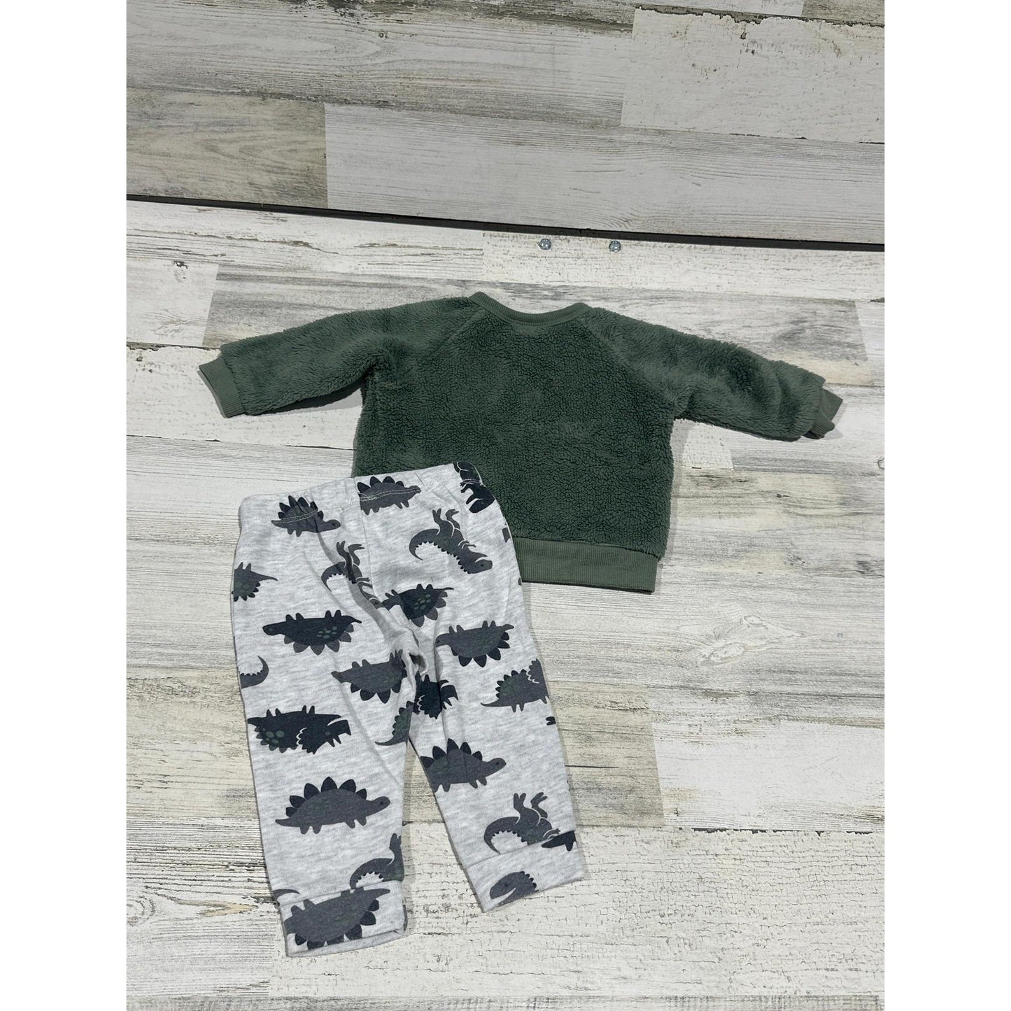 Pekkle Outfit Set Baby Boys 6M Green Dinosaur Sherpa Fleece Joggers EUC1