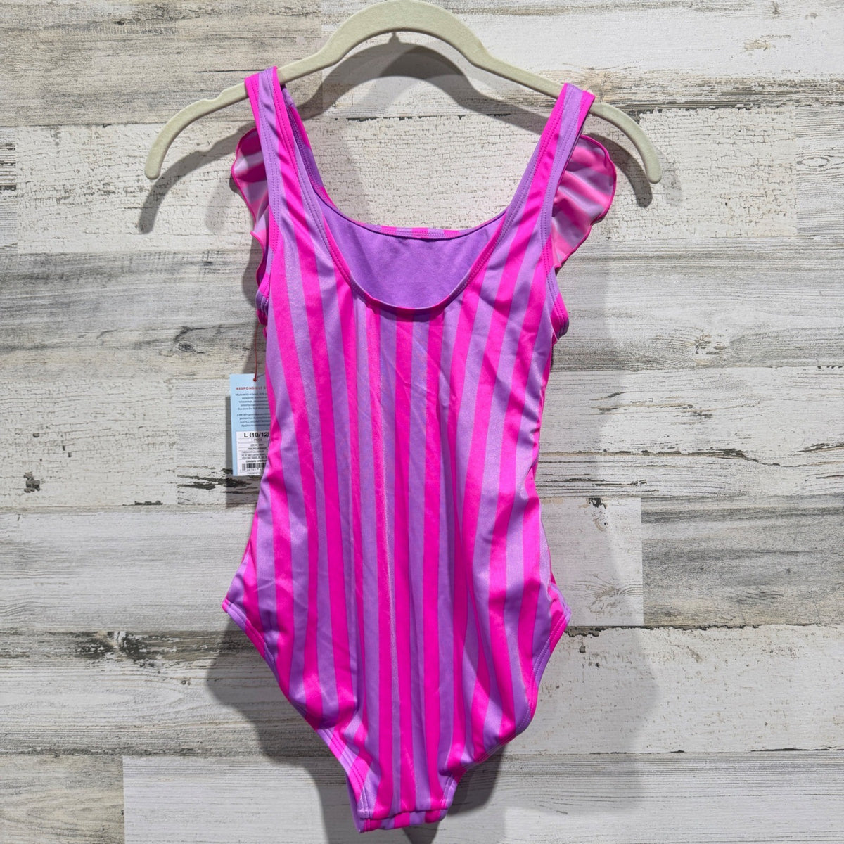 Cat & Jack Striped Ruffle One Piece Swimsuit Girls L 10/12 Pink Purple NWT5