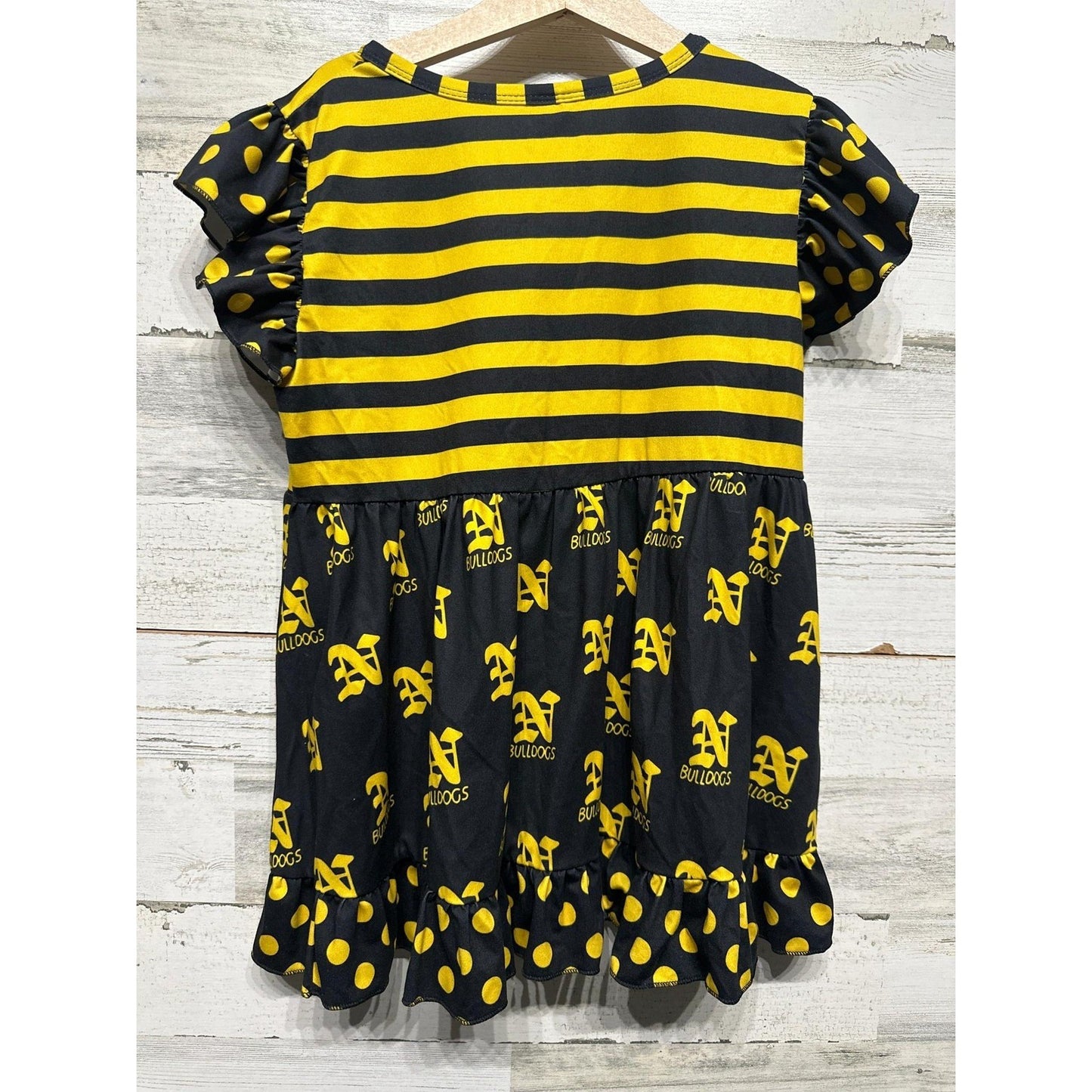 Boutique Bulldogs Tunic Top Girls 10/12 Black Yellow Stripe Polka Dot EUC3