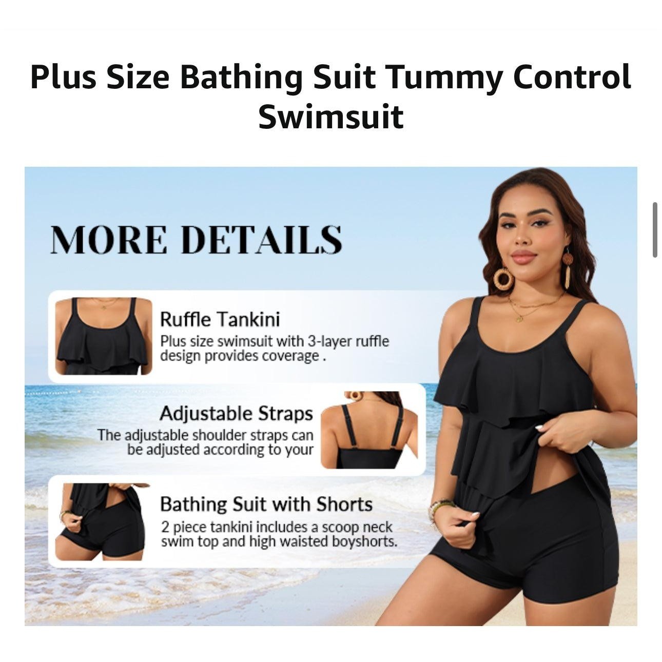 Yonique Tankini Swimsuit Women 16W Teal Black Ruffle Tummy Control NWT6