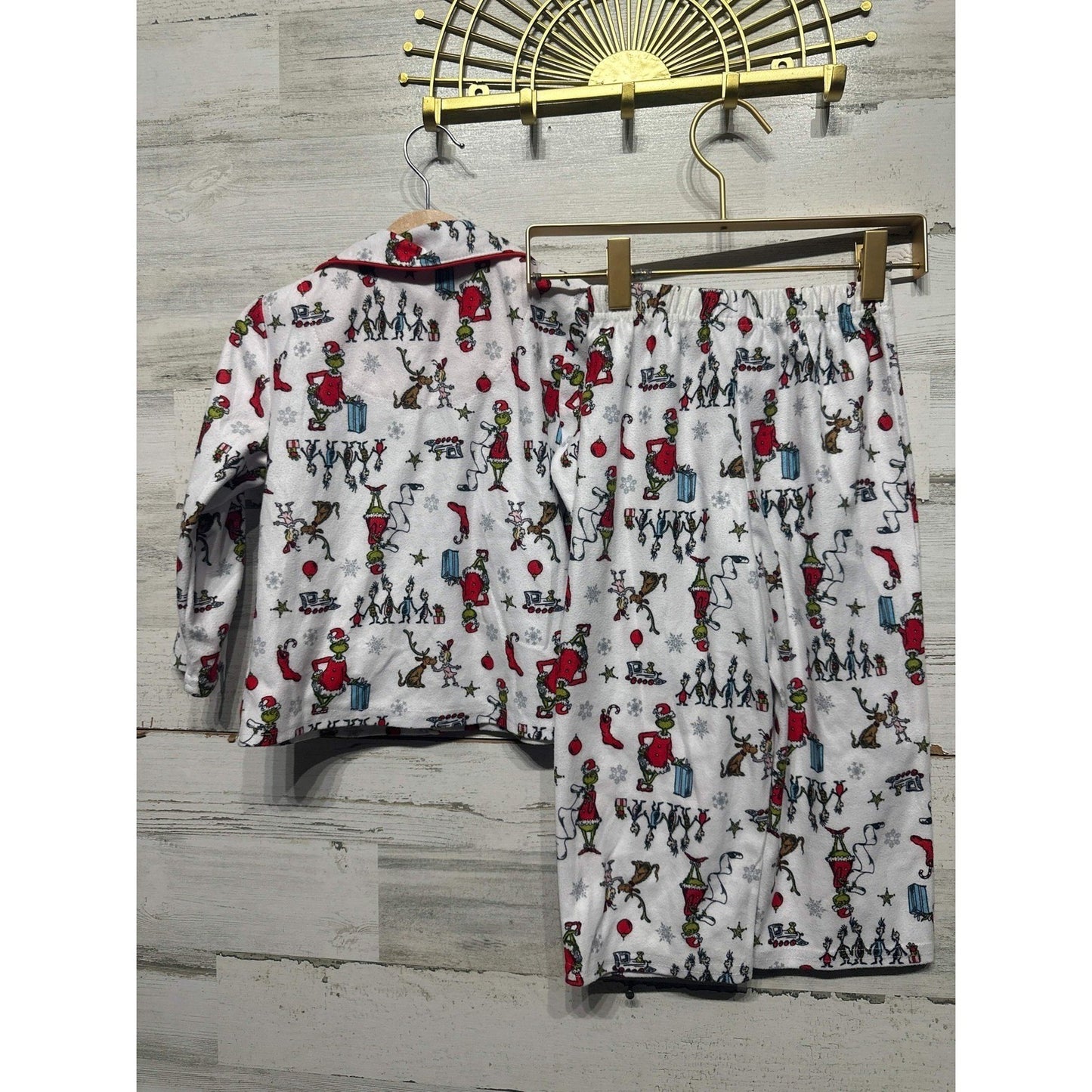 Dr Seuss The Grinch Pajama Set Girls 3T White Red Fleece 2pc EUC4