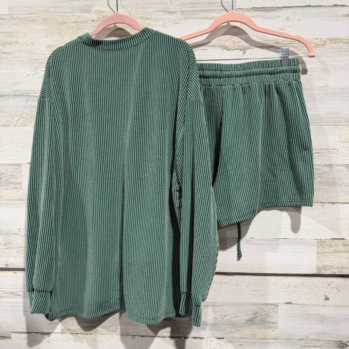 Merry Graphic Ribbed Lounge Set Women L Green Polyester Holiday EUC5