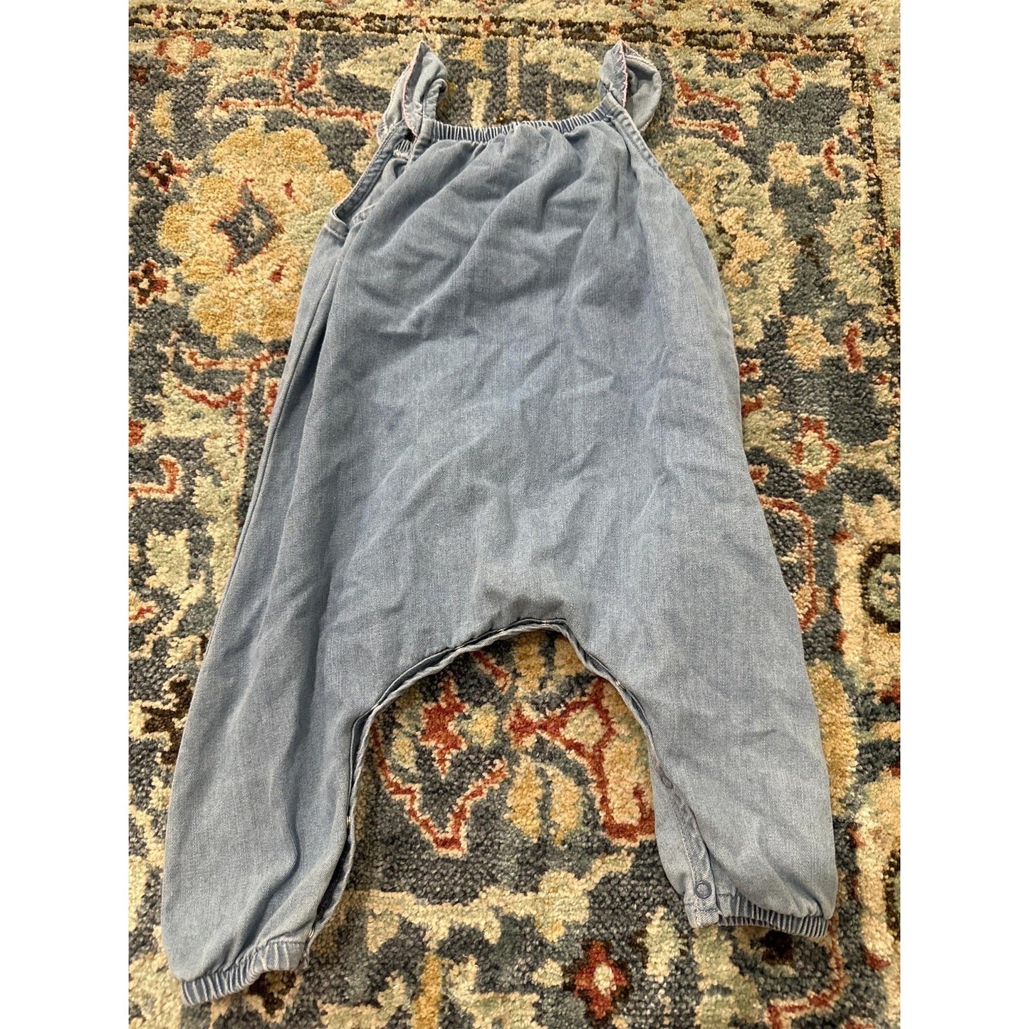 Mud Pie Denim Romper Girls 9-12M Blue Floral Embroidered Harem Jumpsuit EUC4