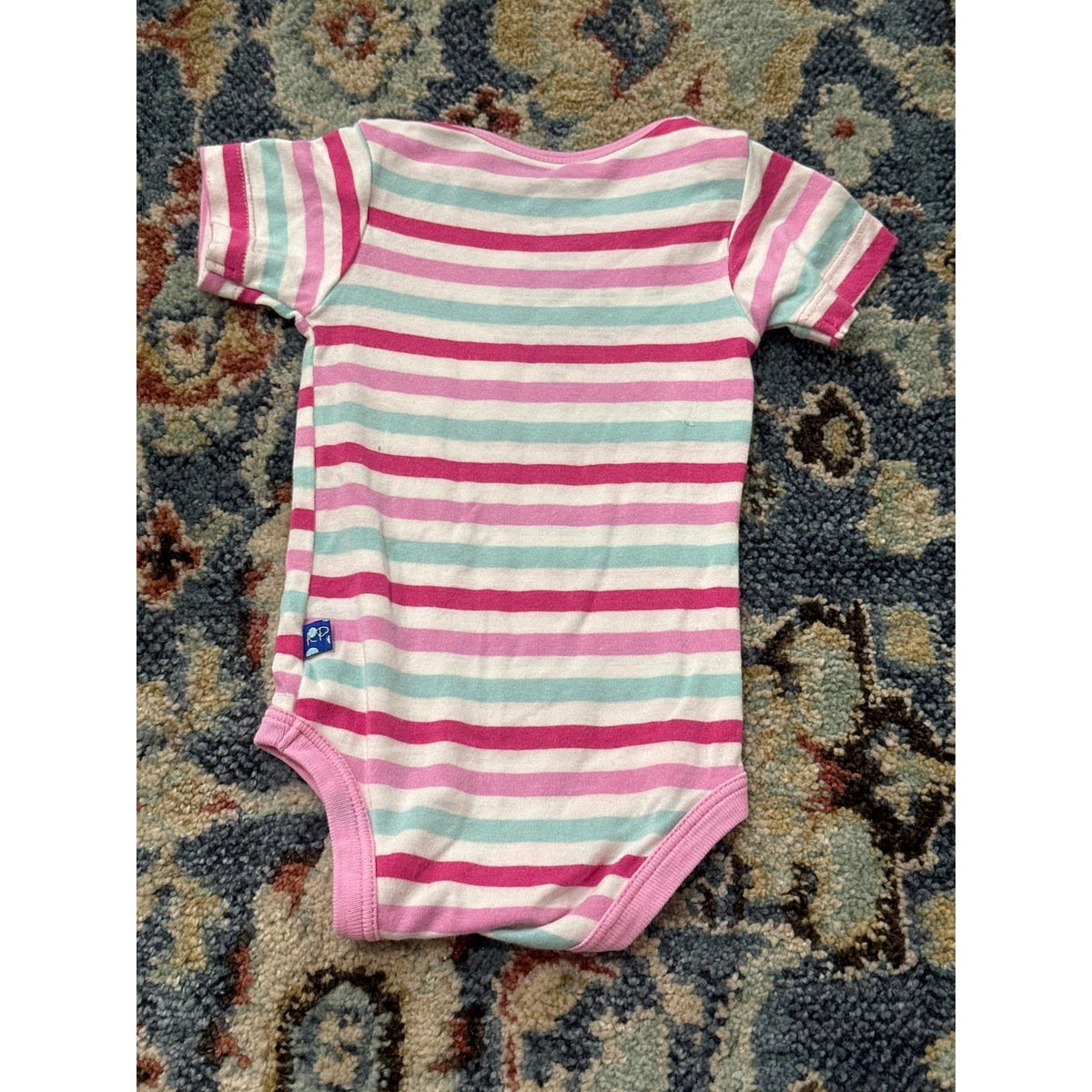 KicKee Pants Bodysuit Girls 0-3M Pink Teal Striped Bamboo Short Sleeve EUC1