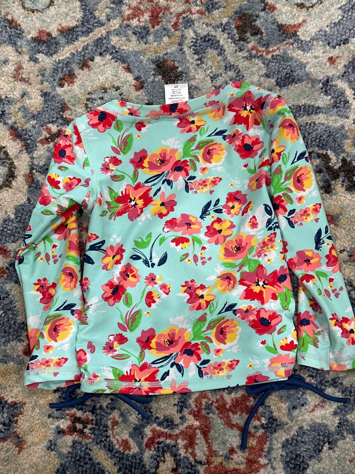 RuffleButts Rash Guard Girls 2T Aqua Floral Long Sleeve Side Tie EUC2