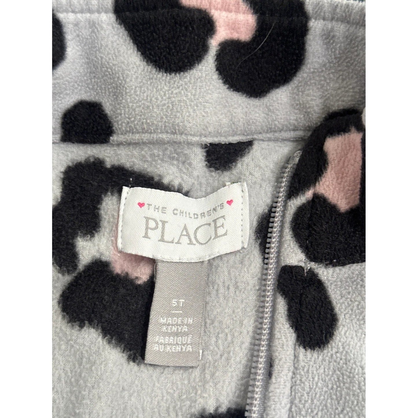 The Childrens Place Fleece Pullover Girls 5T Grey Pink Leopard Quarter Zip EUC1