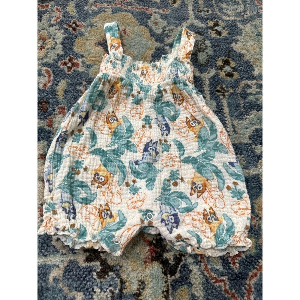 Bluey Romper Girls 3-6m White Blue Bingo Gauze Bubble EUC2