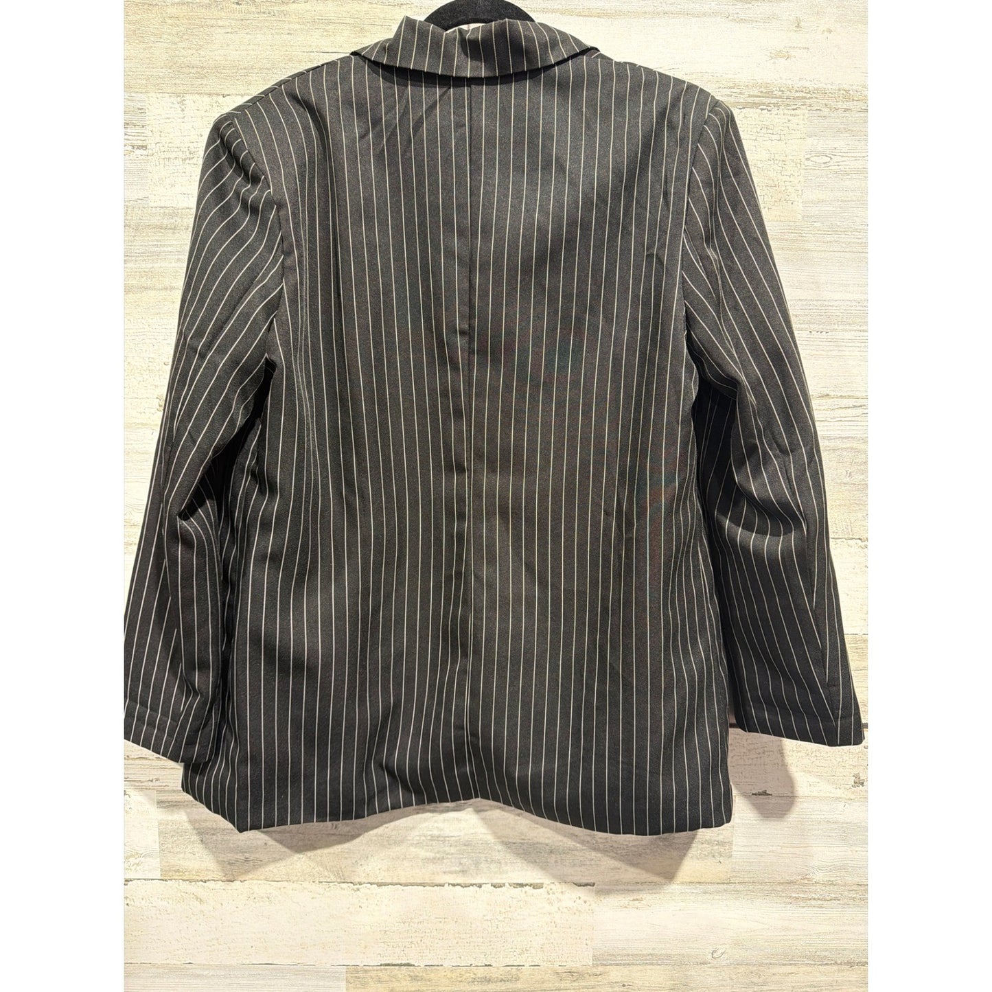 Pinstripe Blazer Women Large Black White Open Front Pockets Interview Office EUC3