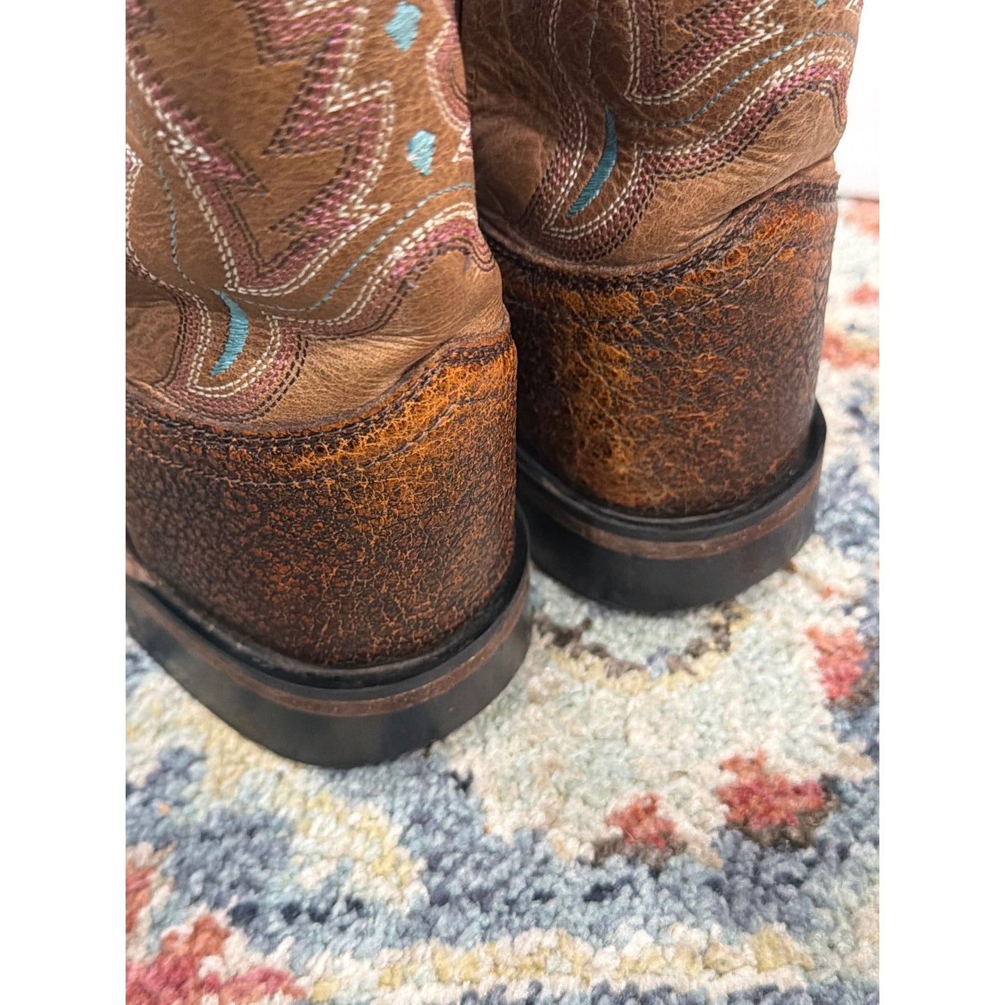 Old West Cowboy Boots Boys Size 13 D Brown Leather Western Square Toe GUC9
