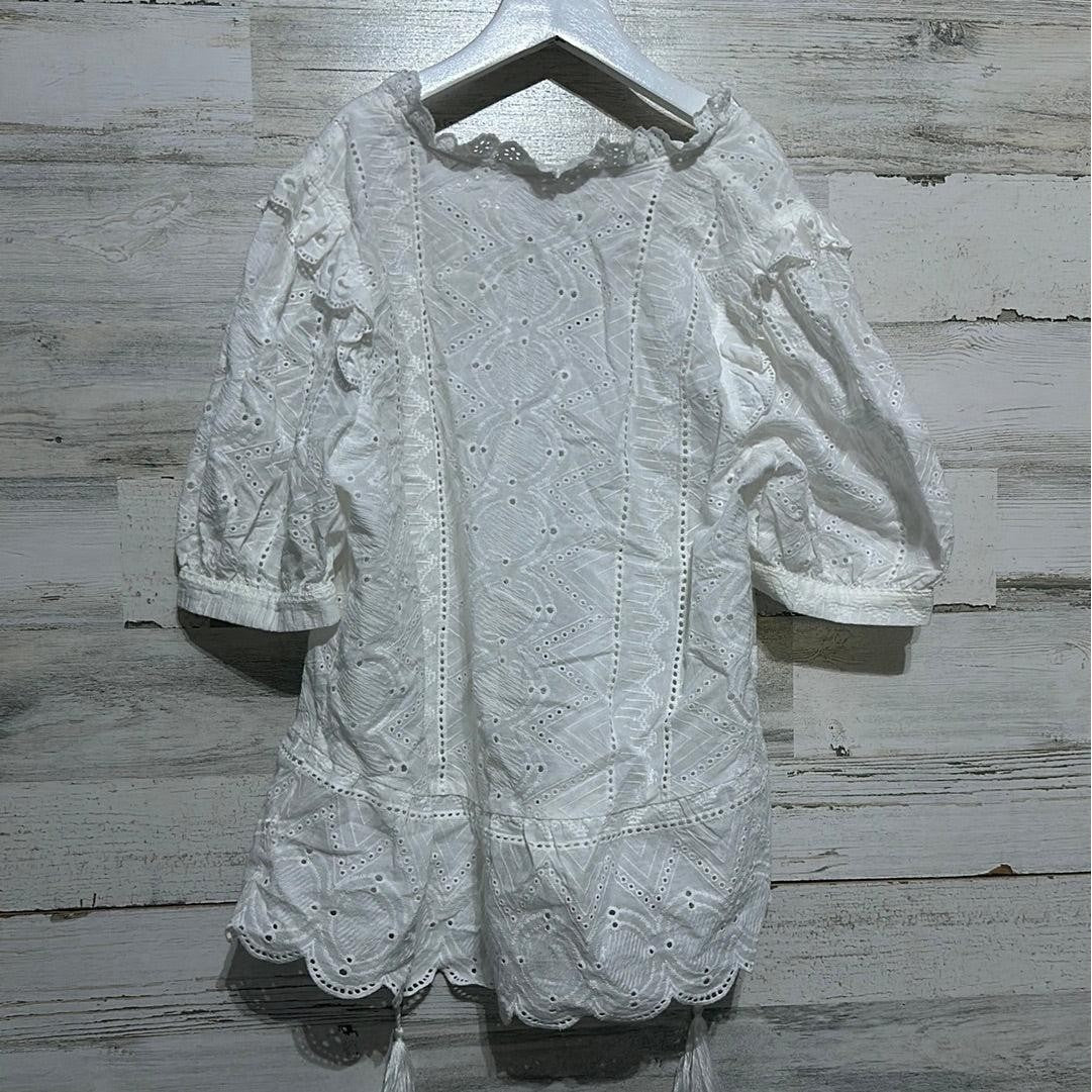 By The River Eyelet Lace Top Women Small White Boho Ruffle Scallop EUC2