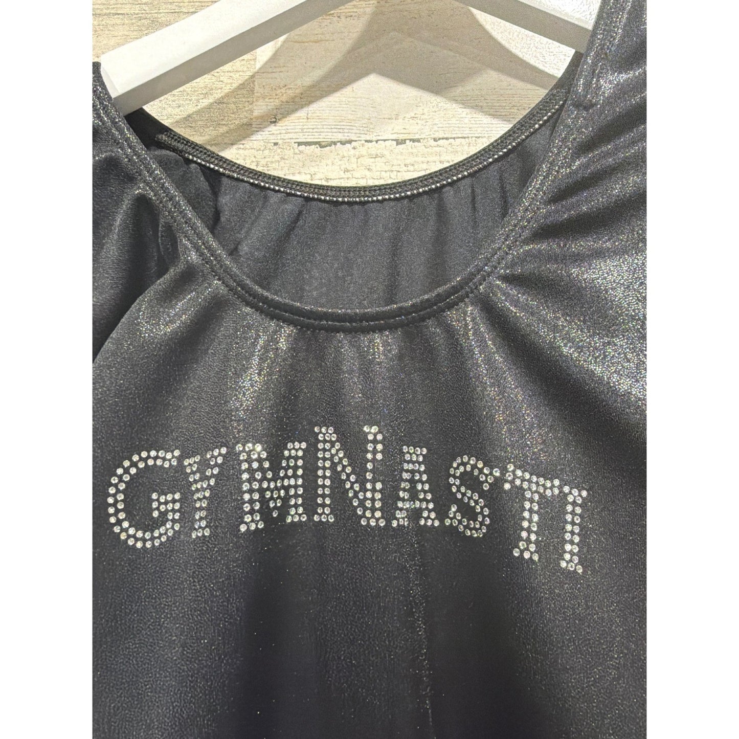 GK Leotard Custom "GYMNASTI" Rhinestone Girls M/L Long Sleeve Shimmer EUC4