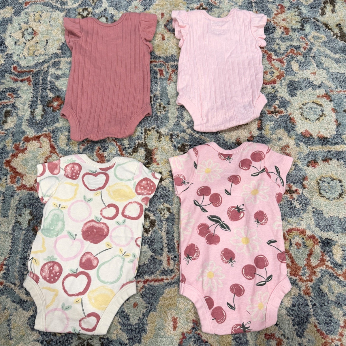 Member's Mark Bodysuit 4pk Girls NB Pink Fruit Ruffle Organic Cotton EUC7