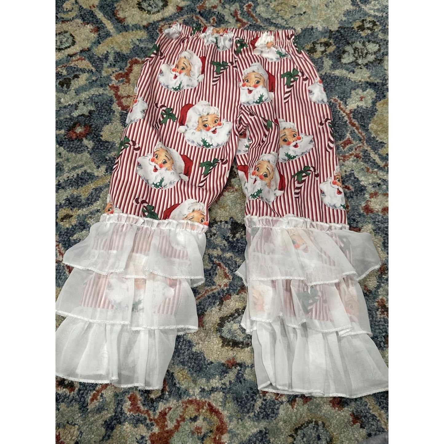 Boutique Santa Ruffle Pants Girls 3T Red White Striped Holiday Christmas EUC1