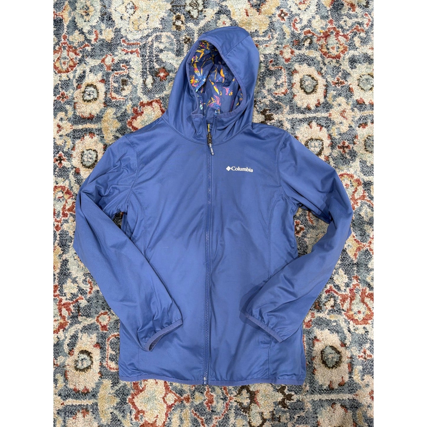 Columbia Reversible Jacket Girls L 14/16 Navy Floral Windbreaker Hooded EUC5