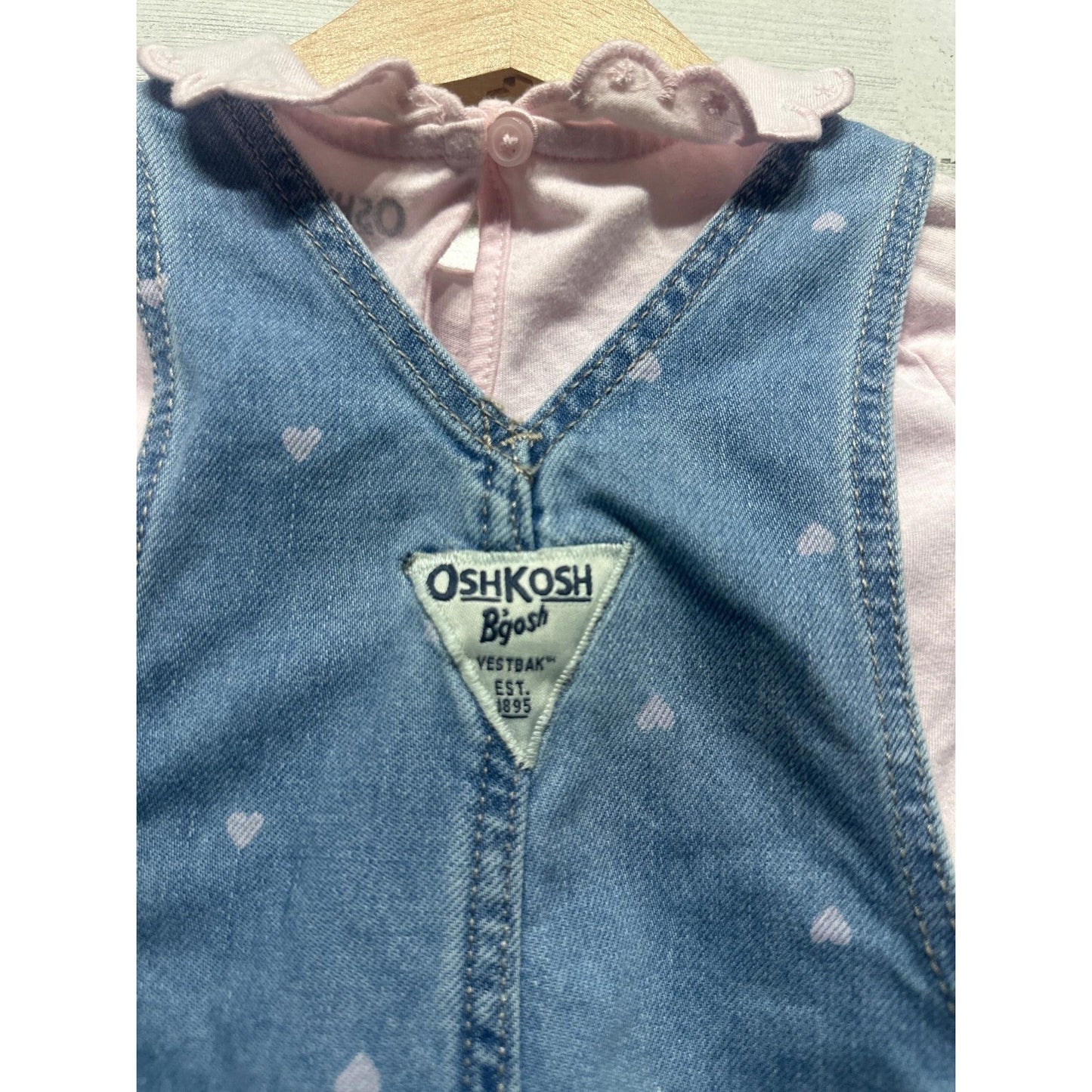 OshKosh B'gosh Overalls Set Girls 12M Blue Pink Heart Print Scallop Collar EUC4