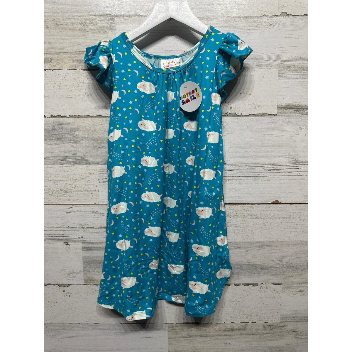Dot Dot Smile Dress Girls Size 3/4 Teal Blue Sheep Stars Flutter Sleeve NWT2