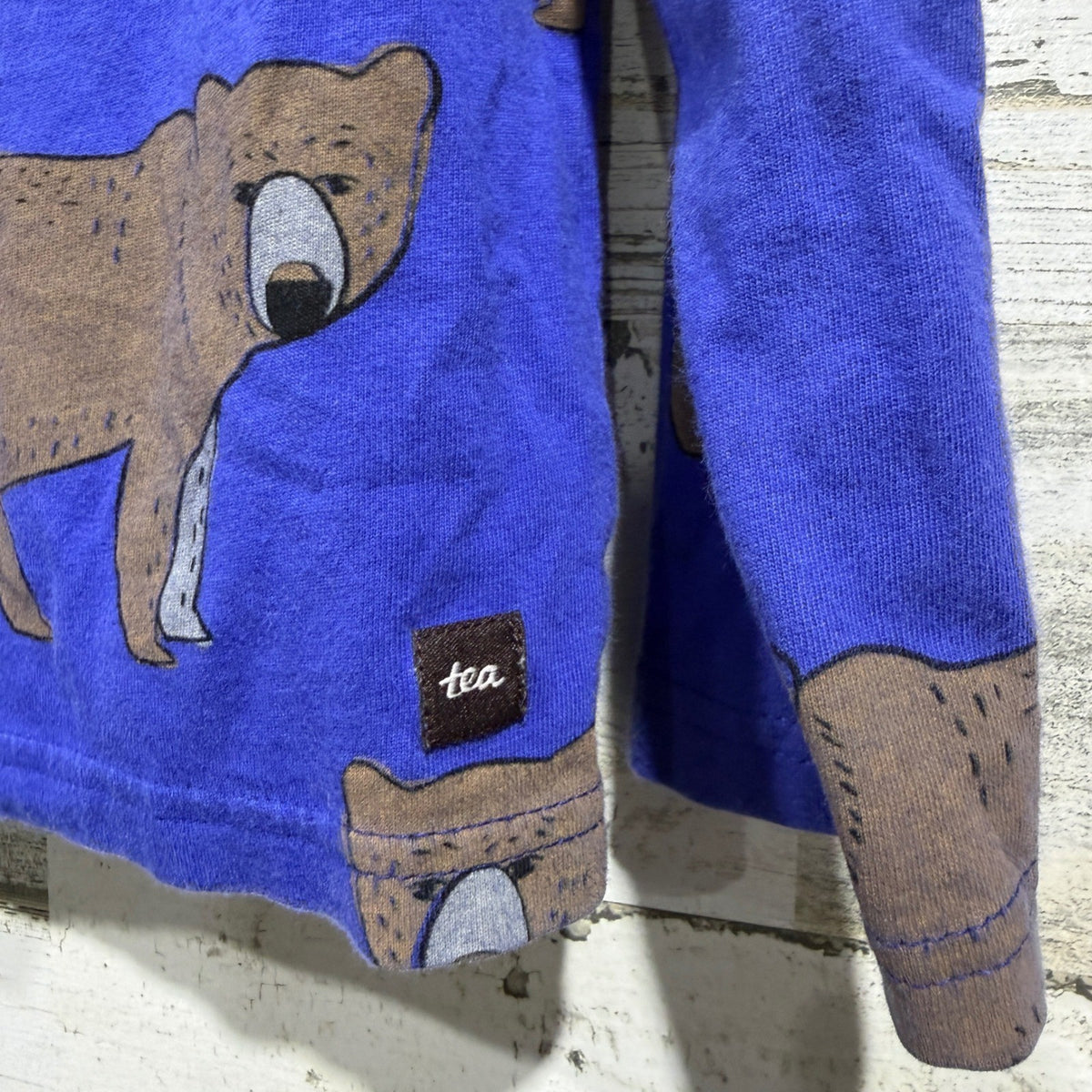 Tea Collection Long Sleeve Shirt Boys 7 Blue Brown Bear Print EUC3
