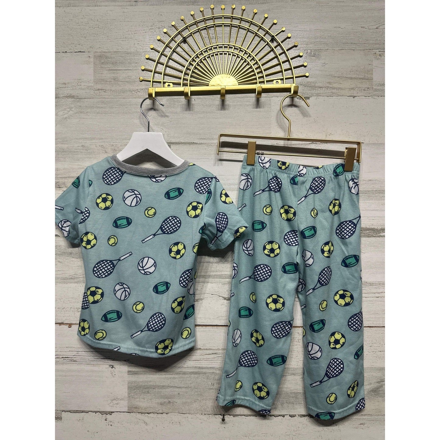 Carter's Pajama Set Boys 4T Sage Green Sports Print EUC2