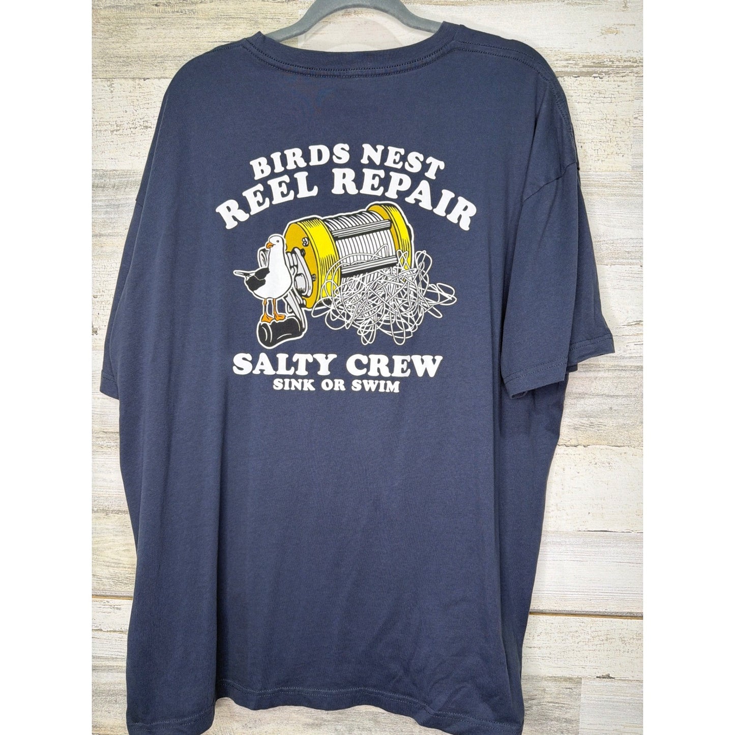 Salty Crew Graphic T-Shirt Men 2XL Navy Birds Nest Reel Repair Fishing EUC5