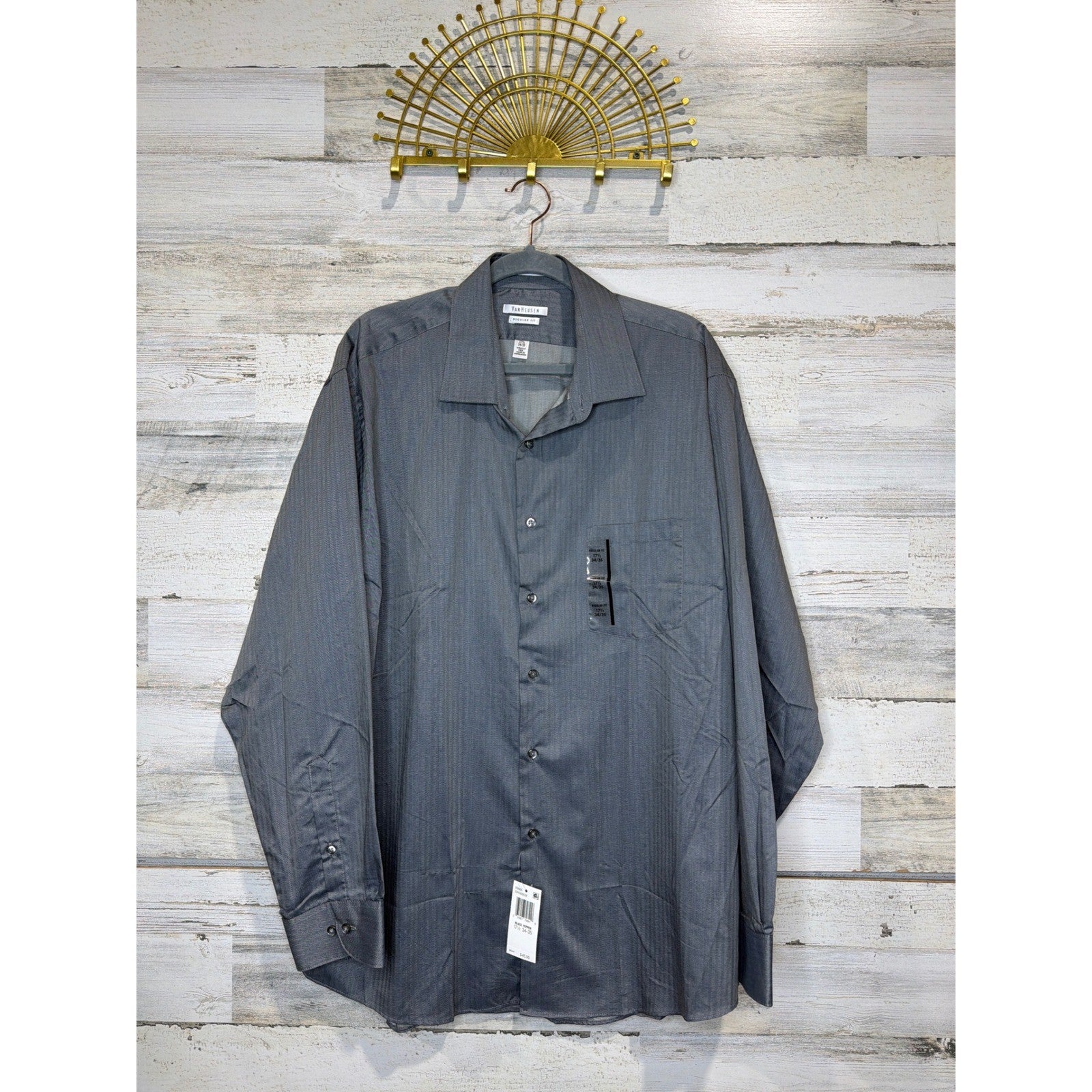 Van Heusen Dress Shirt Men 17.5 34/35 Grey Royal Herringbone Business – The Peacock Exchange TX