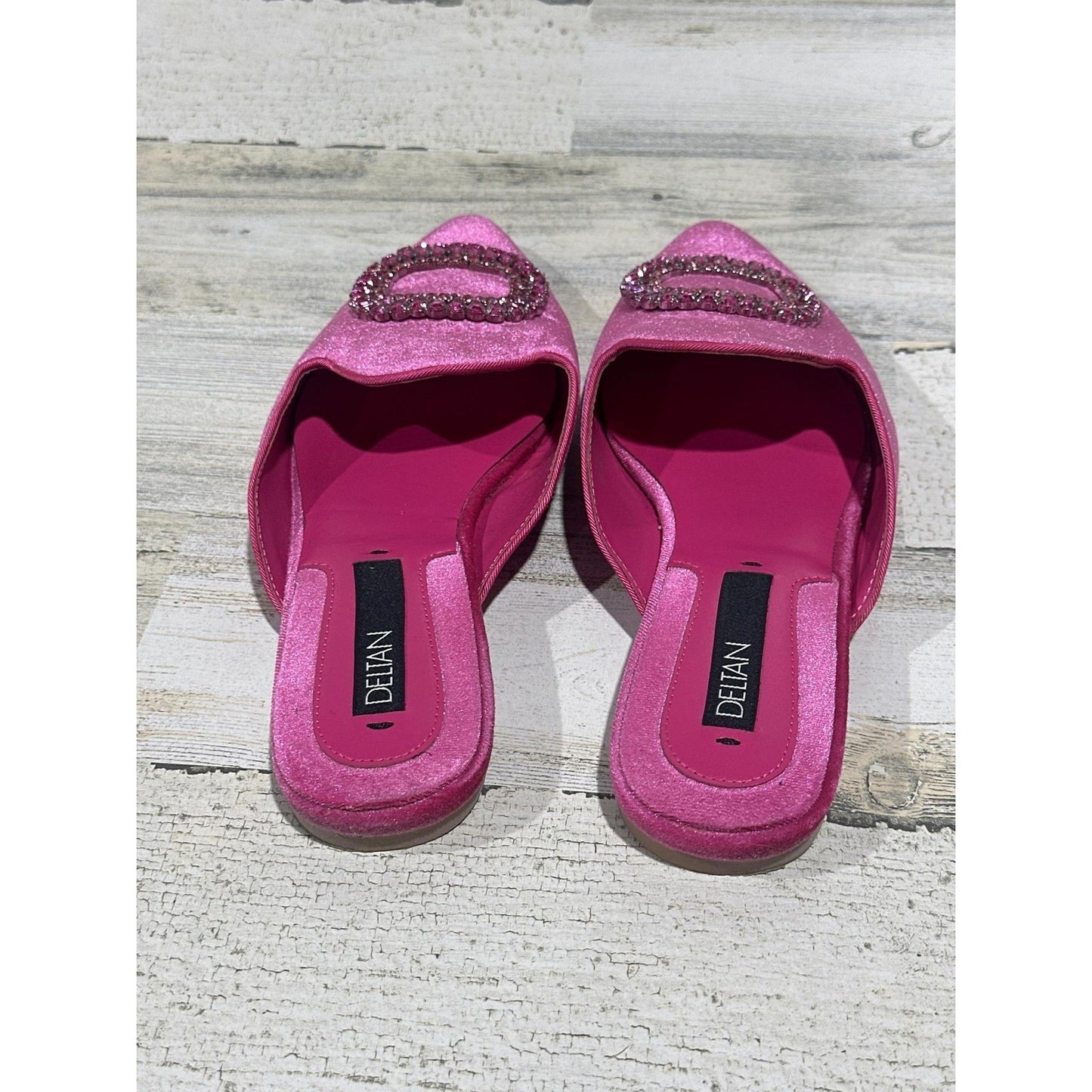 Deltan Mules Women Size 9 Fuchsia Pink Velvet Rhinestone Buckle Pointed Toe EUC3
