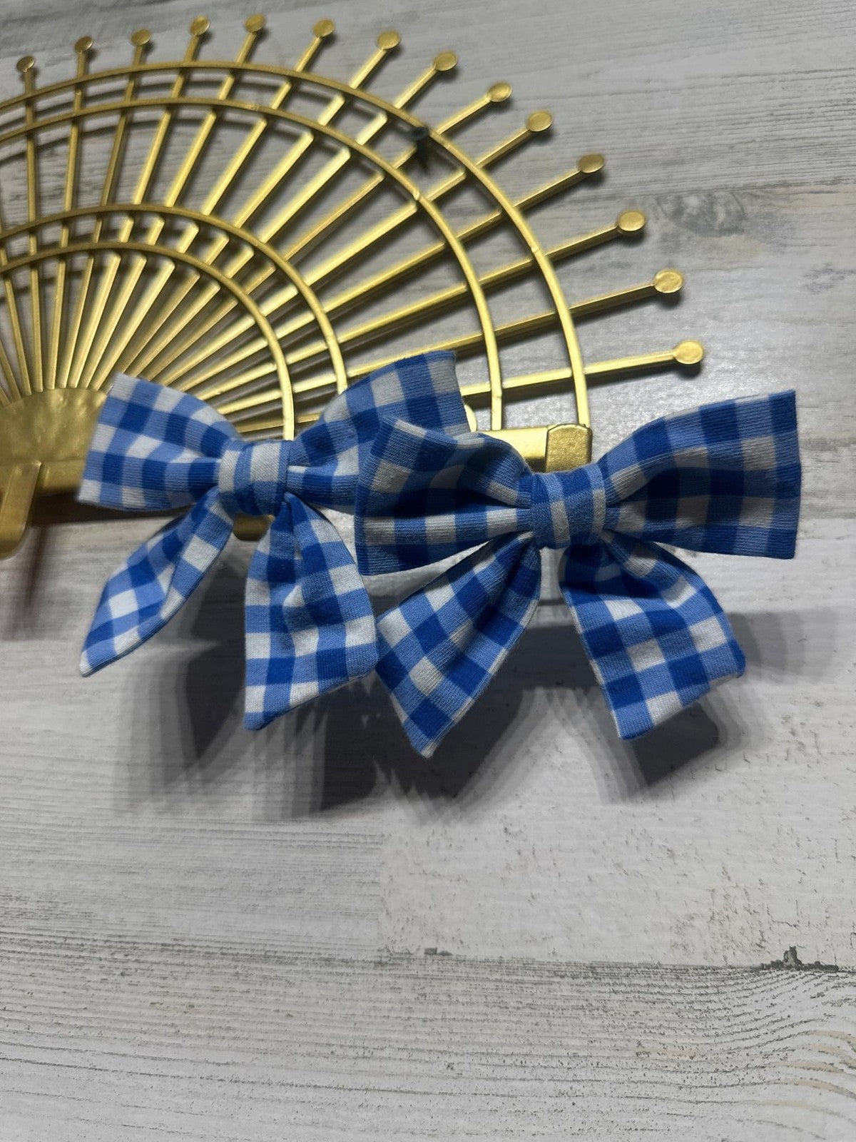 Hair Bow Clips Pigtails Kids Blue Orange Gingham Polka Dot EUC2