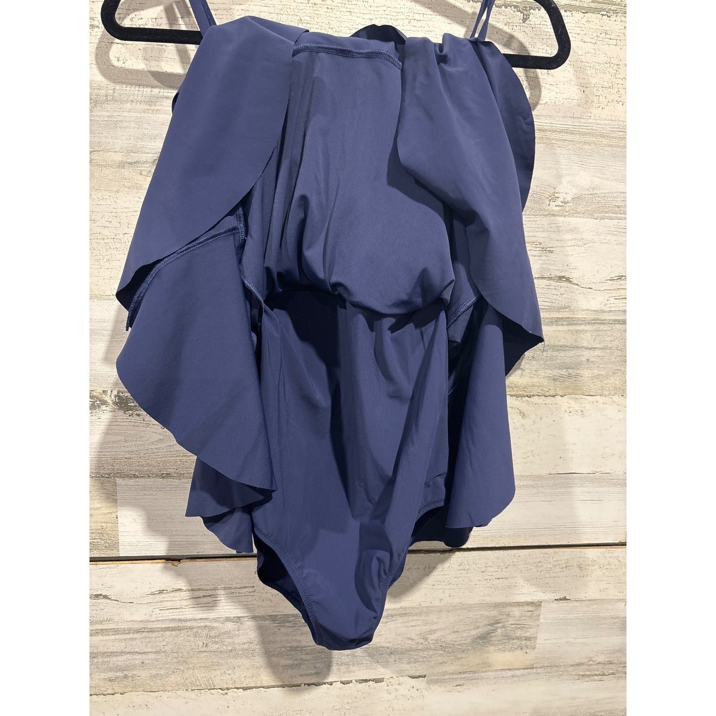 Lands End Swim Dress Women Size 10 Navy Blue Ruffle Surplice Coastal EUC2