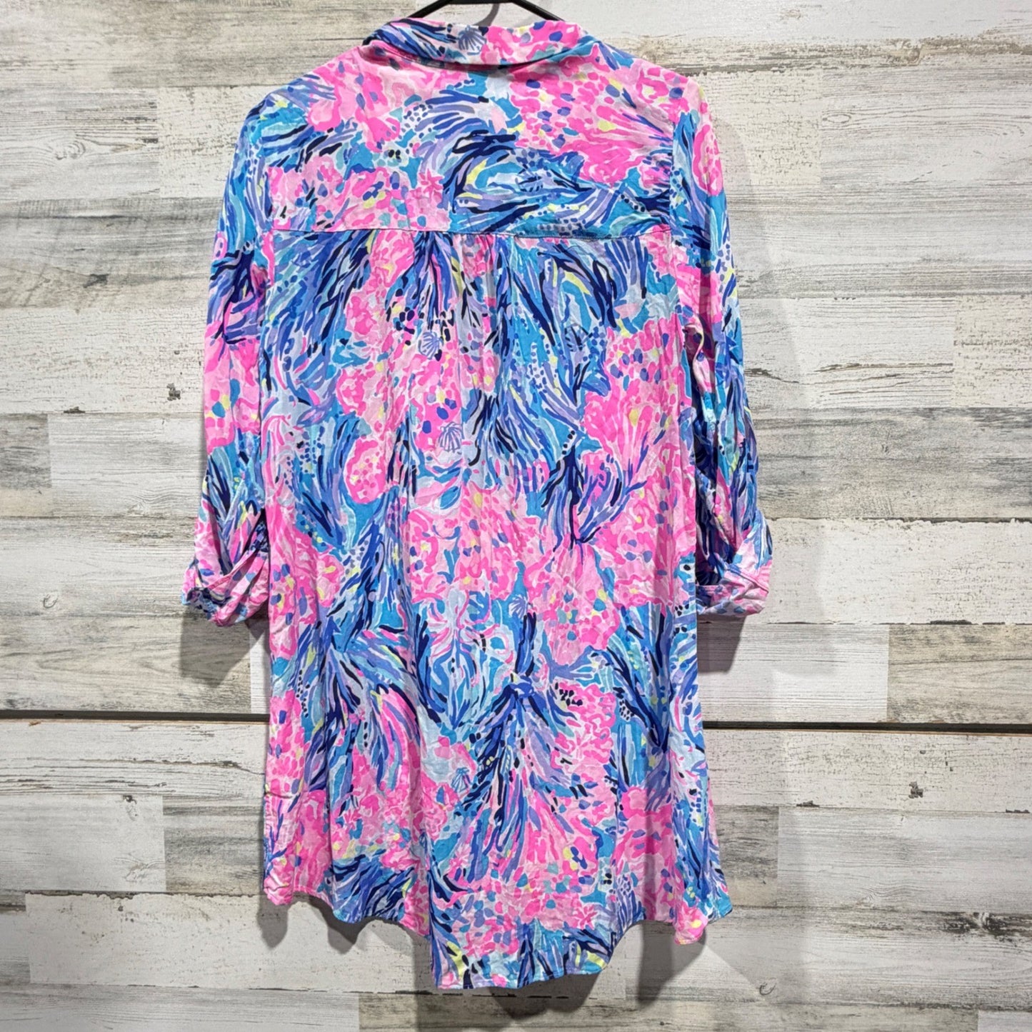 Lilly Pulitzer Button Down Tunic Women Medium Pink Blue Floral Rayon Preppy EUC5