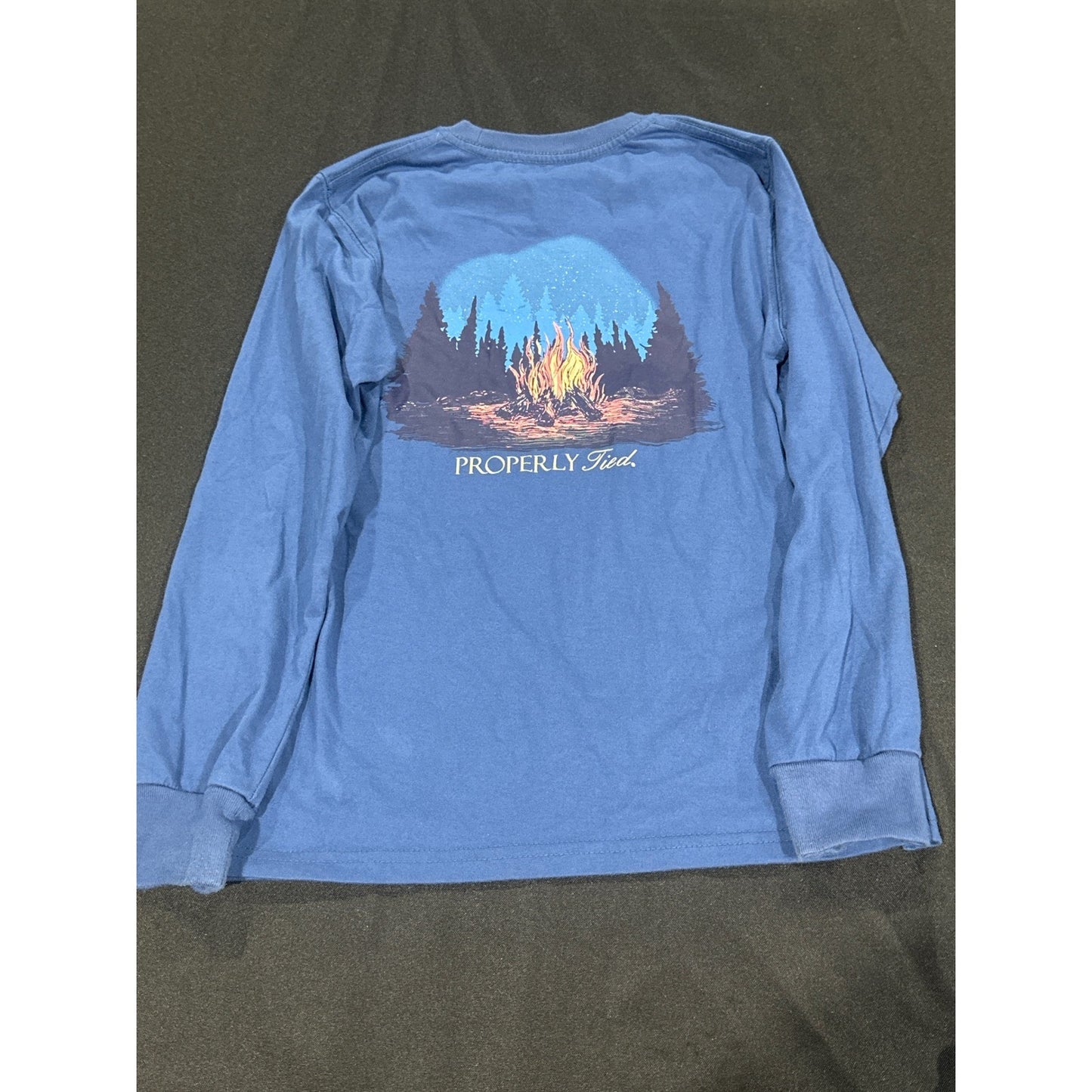 Properly Tied Graphic T-Shirt Boys Size 8 Blue Campfire Forest EUC4