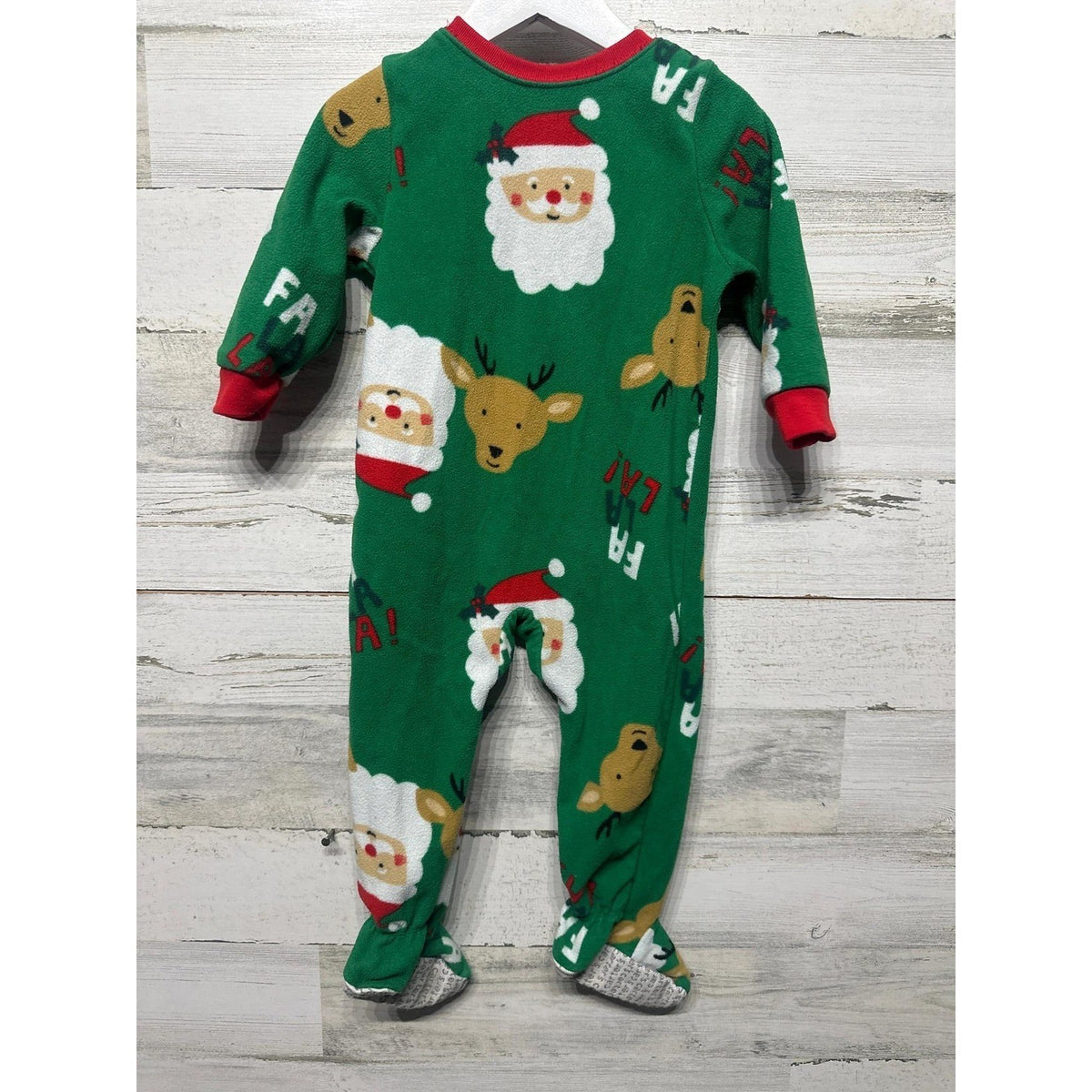 Carter's Footed Pajamas Boy 18M Green Santa Reindeer Fleece Holiday EUC1