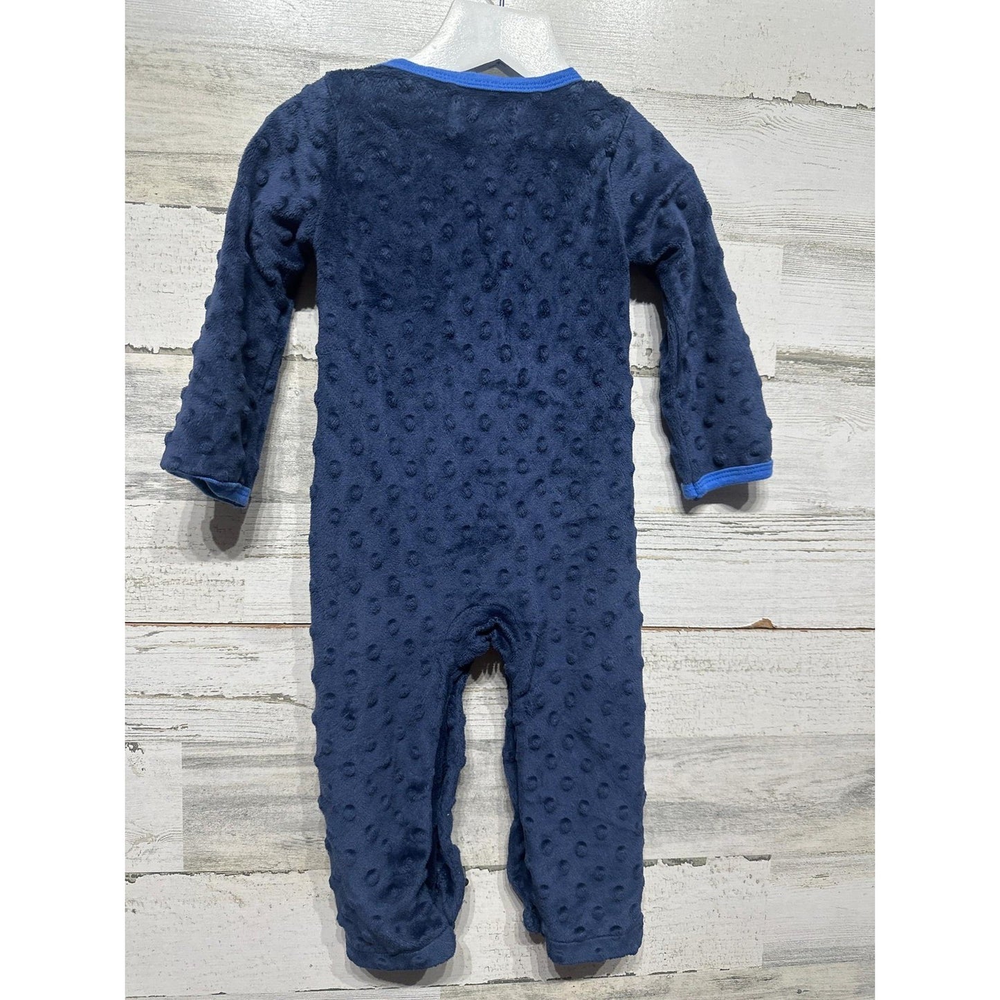 Mud Pie Monster Romper Boys 9-12M Navy Blue Minky Dot Fuzzy Applique EUC3