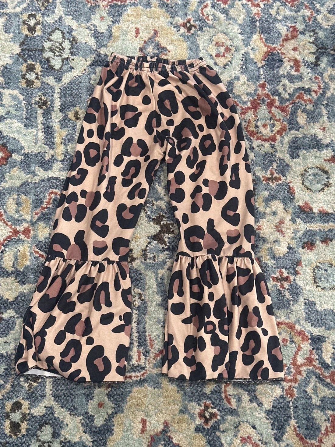 Leopard Bell Bottom Pants Girls 3T Tan Animal Print Ruffle Flare1