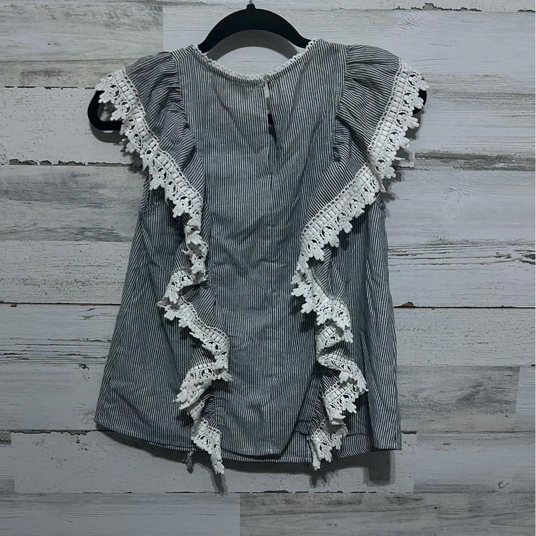 Eri + Ali Ruffle Blouse Women Small Blue White Striped Lace Trim EUC2