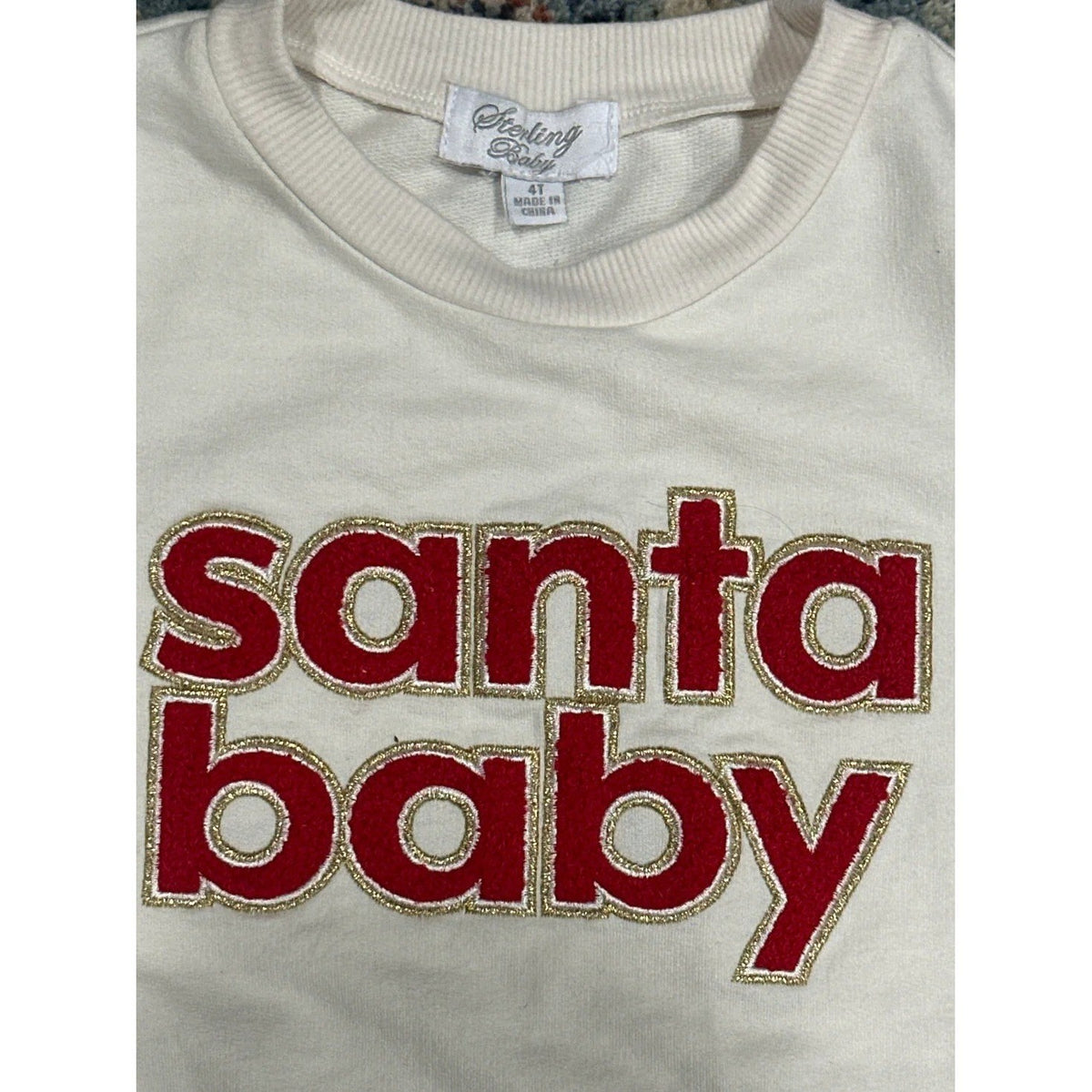 Sterling Baby Sweatshirt Girls 4T Cream Santa Baby Chenille Patch EUC1