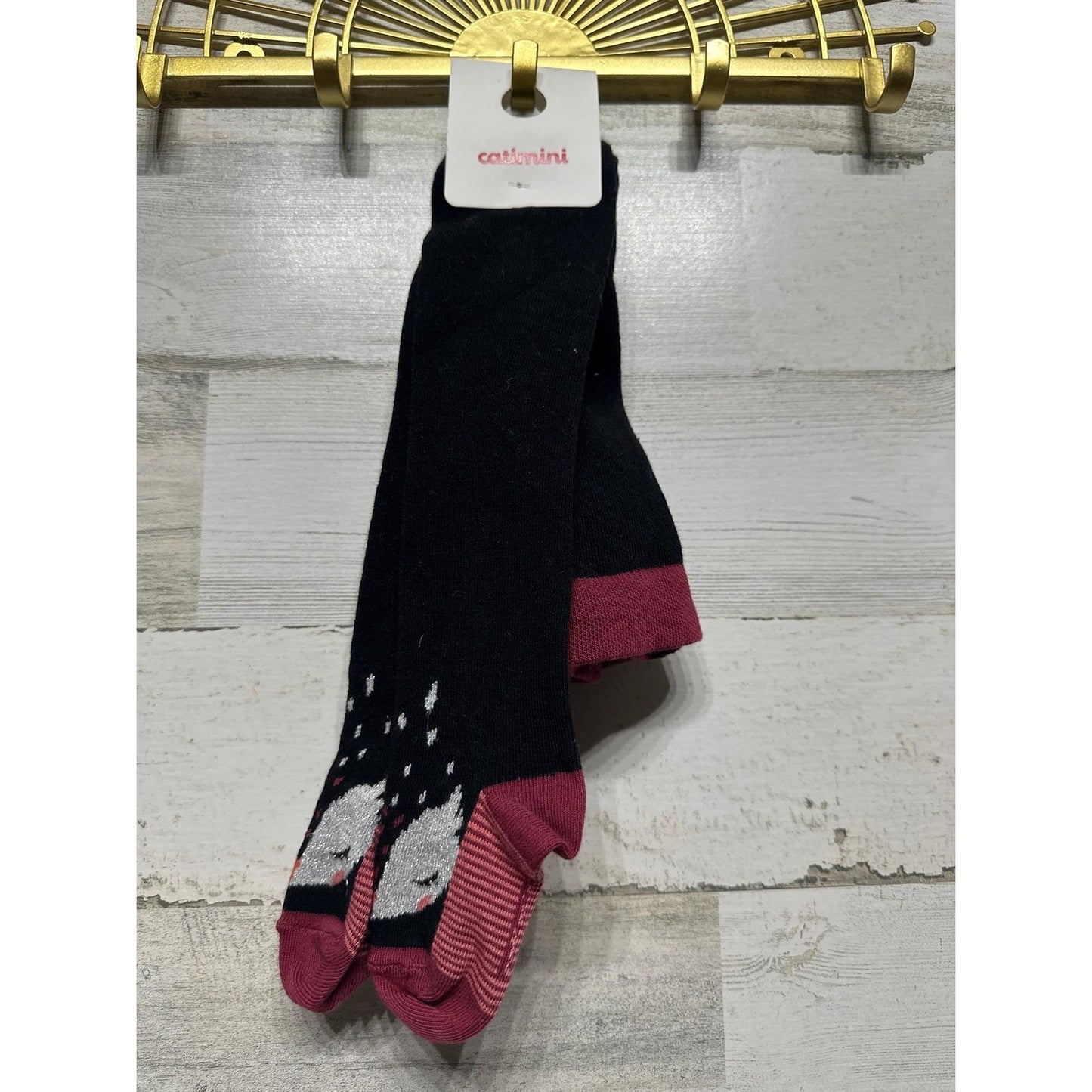 Catimini Fox Tights Kids 4-6m Black Burgundy Animal Print Knit NWT1