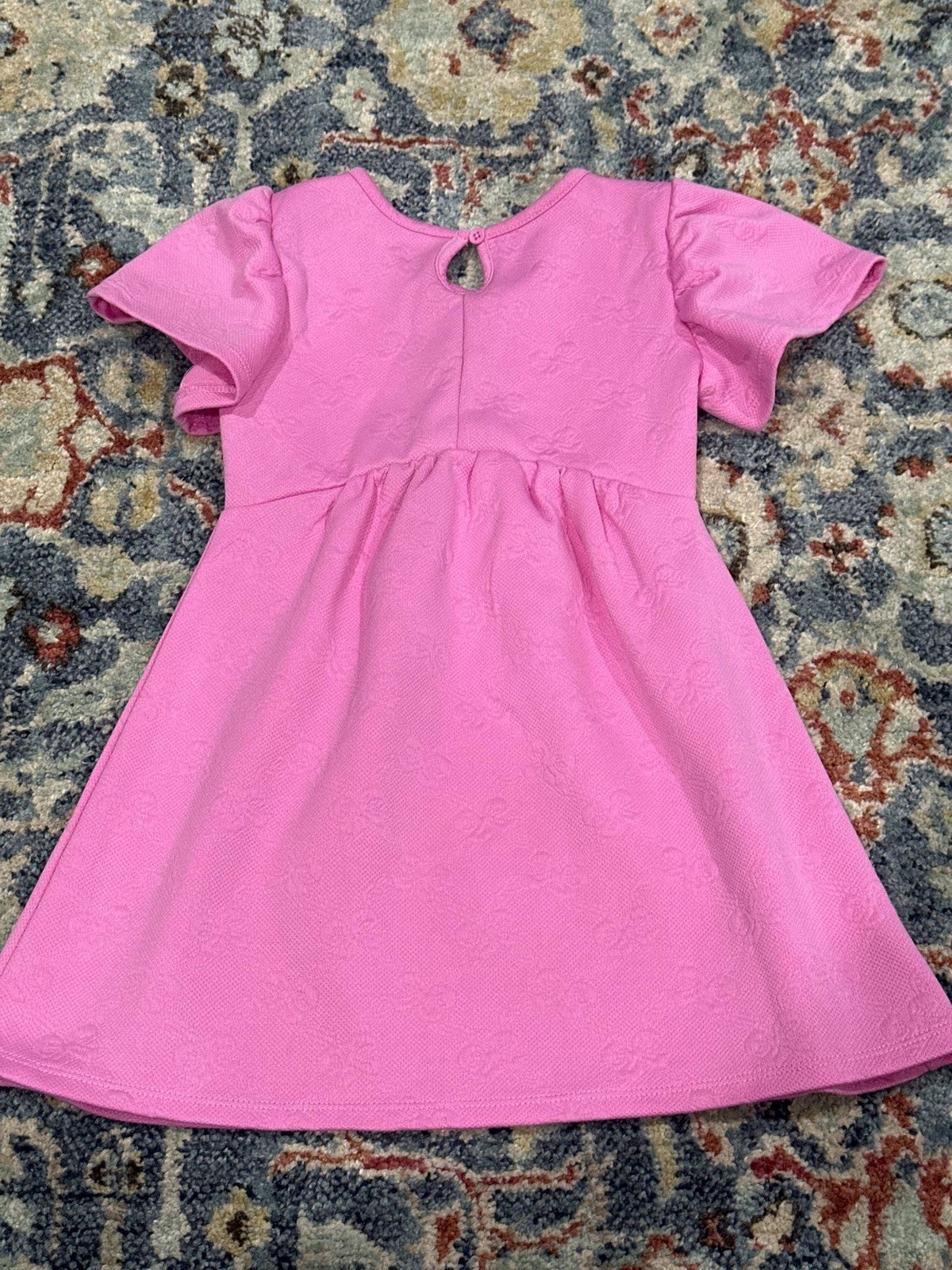 Barbie Dress Girls 4T Pink Textured Puff Sleeve Embossed Bows EUC3