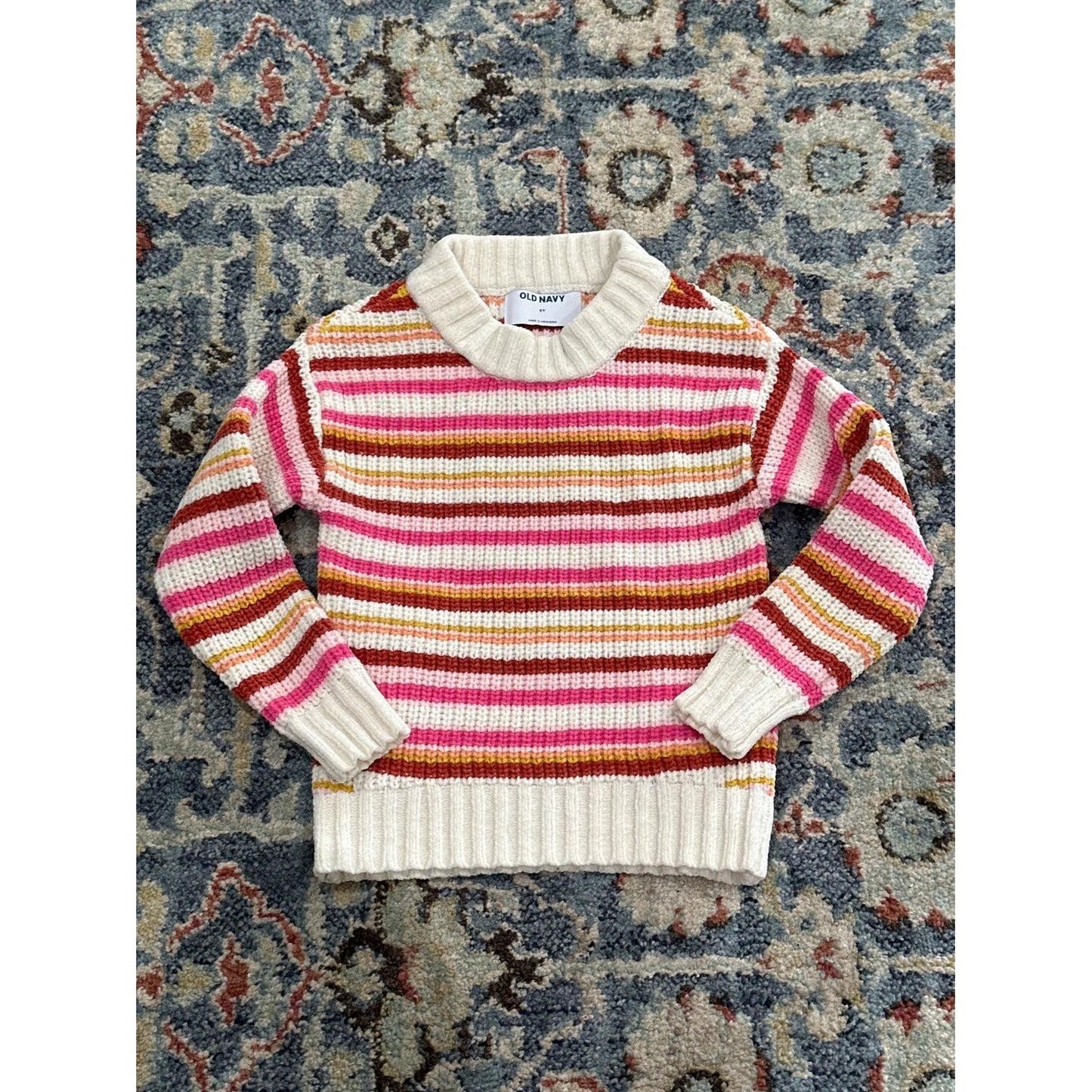 Old Navy Striped Chenille Sweater Girls 5T Pink Orange Mock Neck EUC2