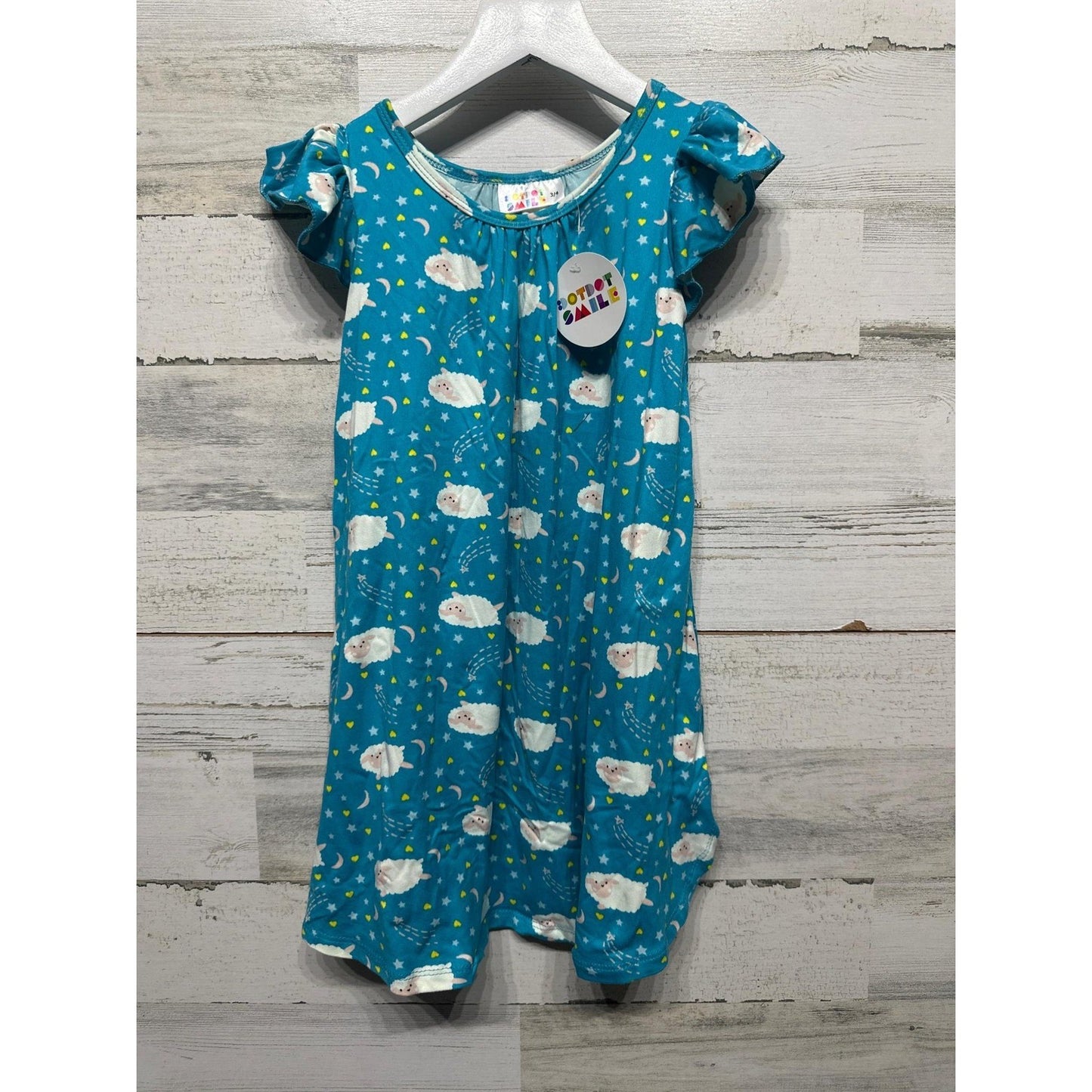 Dot Dot Smile Dress Girls Size 3/4 Teal Blue Sheep Stars Flutter Sleeve NWT2
