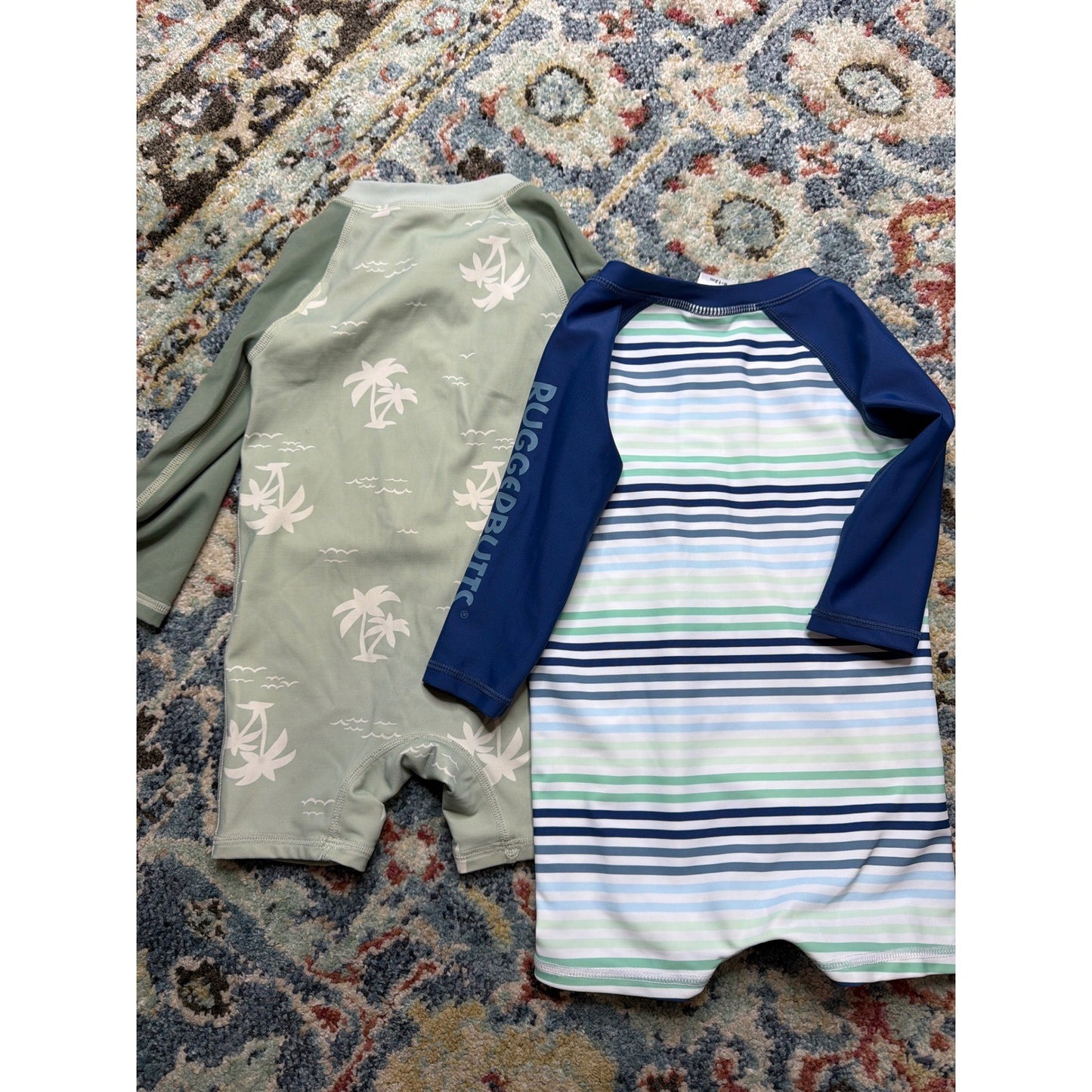 Rugged Butts Modern Moments Rashguard Swimsuit Boys 6-12M Green Blue Stripe EUC2