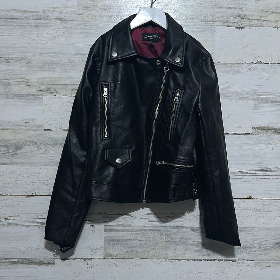 Women’s Size Small (fits smaller like XS) Love Tree Black faux leather jacket - very good used condition
