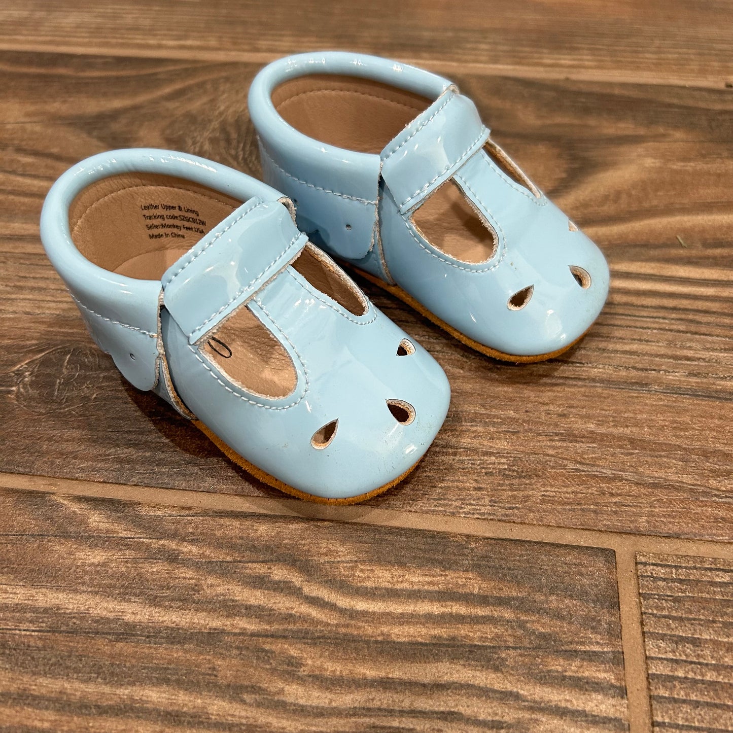 Size 6-12m Monkey Feet Light Blue Patent Shoes - Very Good Used Condition
