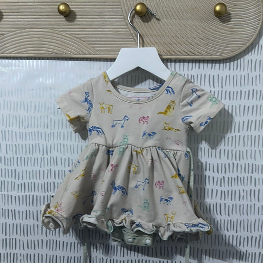 Girls Size 6m Sweet Honey Dog Print Skirted Onesie Dress - Good Used Condition