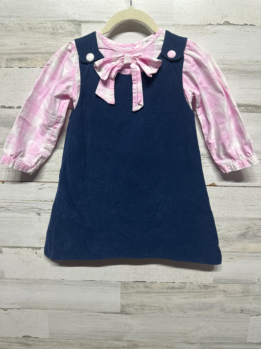 Size 5 Purple Pearl Smocks Navy Cord Dress With Pink Plaid Undershirt - Very Good Used Condition