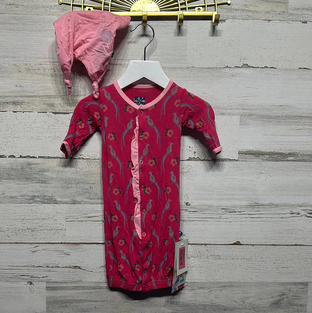 Girls Size Newborn Kickee Pants Bird of Paradise Ruffle Layette Bamboo Converter Gown and Knot Hat